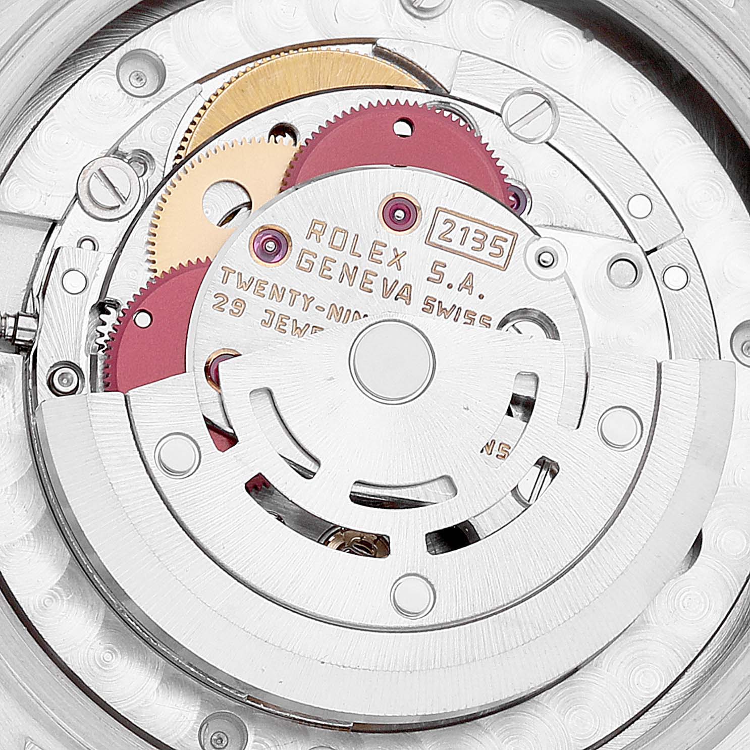 This image shows a close-up view of the internal movement and gears of the Rolex President 68279 Women's White Gold Black Dial 68279 Women's White Gold Black Dial model watch.