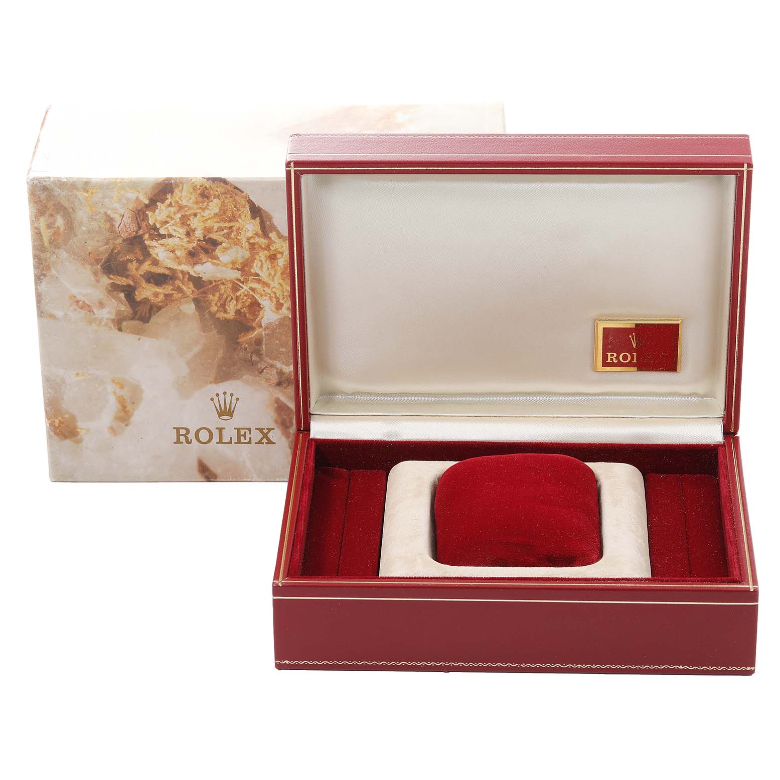 This image shows the open presentation box and outer packaging for a Rolex President 68279 Women's White Gold Black Dial 68279 Women's White Gold Black Dial model watch.