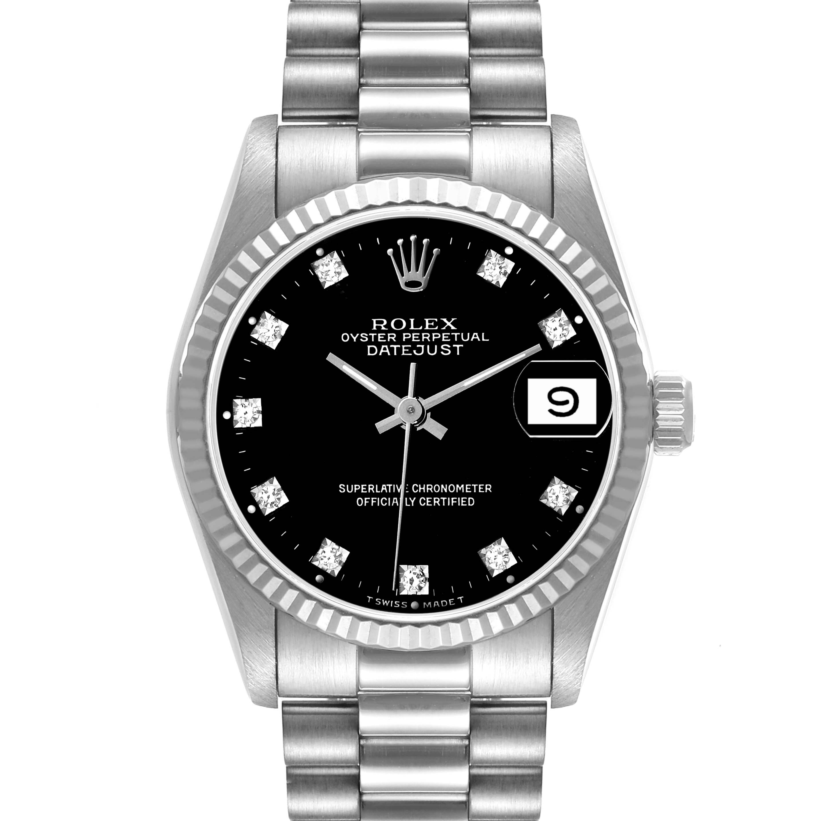 The image shows a front view of the Rolex President 68279 Women's White Gold Black Dial 68279 Women's White Gold Black Dial model watch, displaying its dial, hands, date, and bracelet.