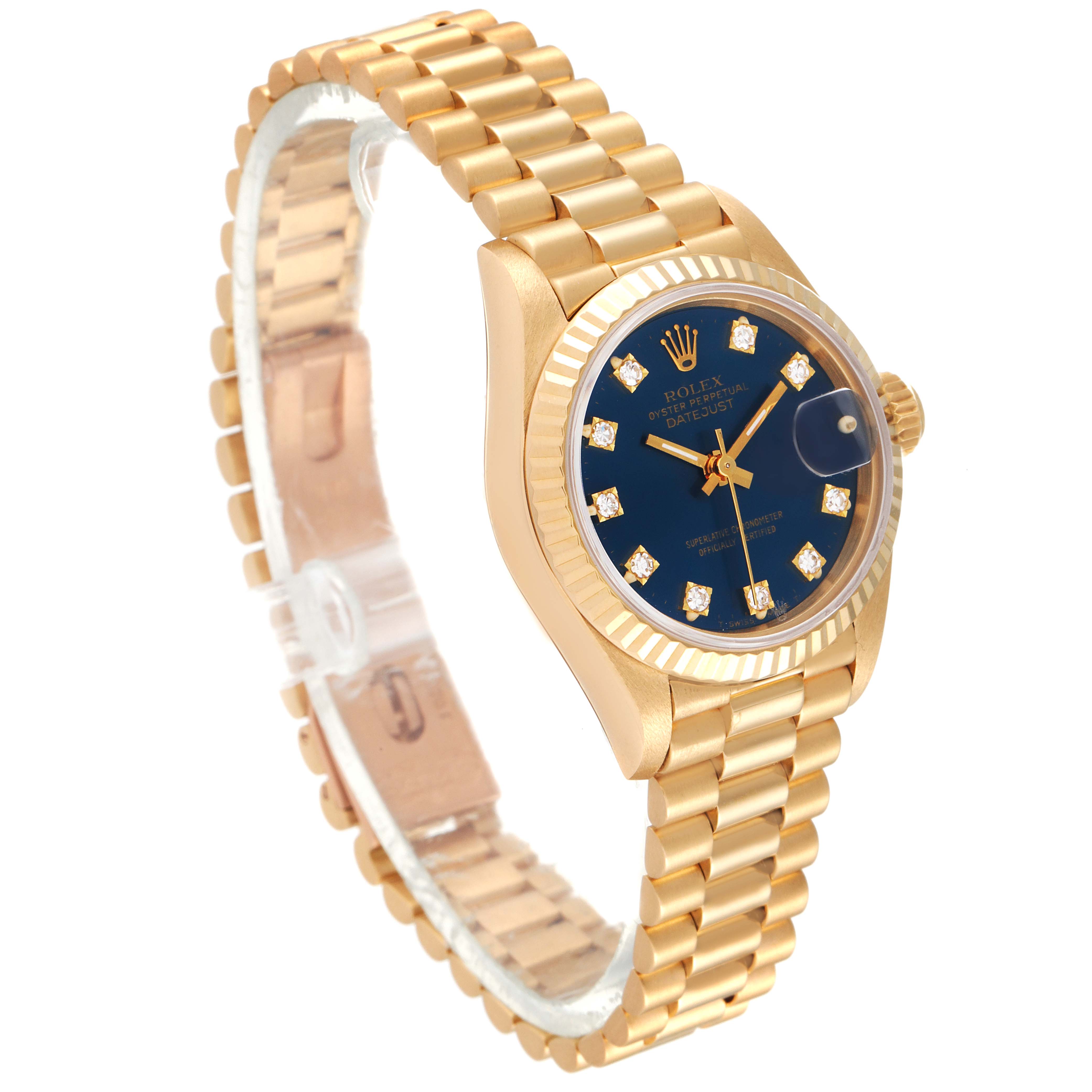 The Rolex President 69178 Women
s Yellow Gold Blue Dial 69178 Women
s Yellow Gold Blue Dial model watch is shown at an angled side view, displaying the gold band, blue dial, and diamond hour markers.