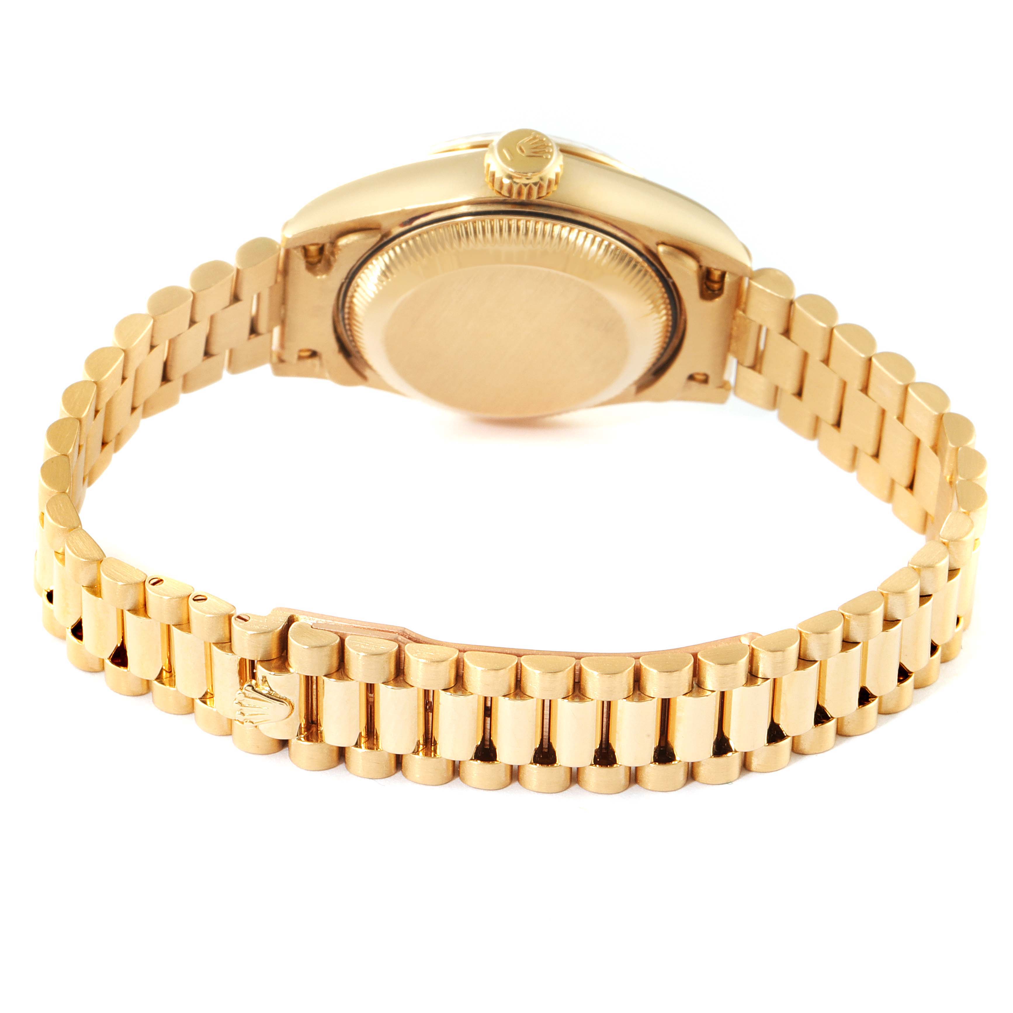 This image shows the back view of a Rolex President 69178 Women
s Yellow Gold Blue Dial 69178 Women
s Yellow Gold Blue Dial model watch, displaying the bracelet and case back.