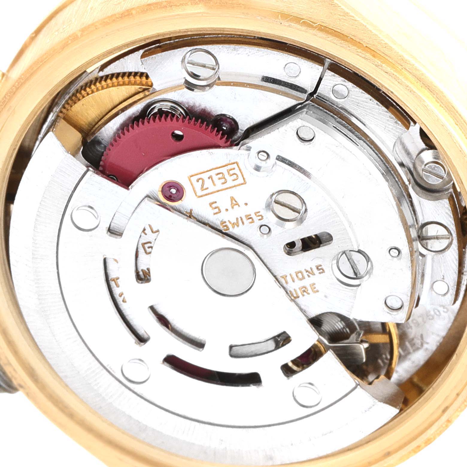 This is a close-up view of the movement mechanism inside a Rolex President 69178 Women
s Yellow Gold Blue Dial 69178 Women
s Yellow Gold Blue Dial model watch.