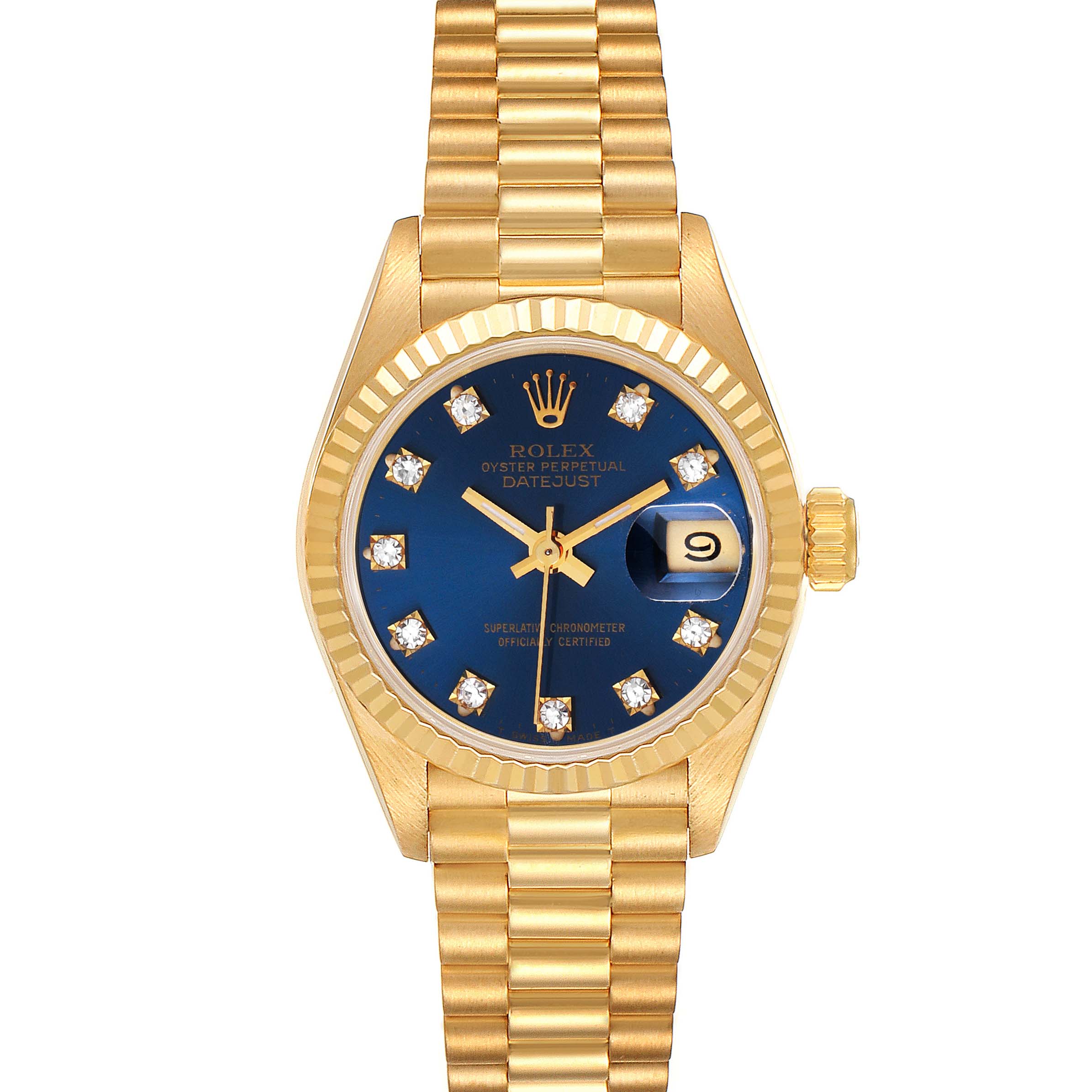 This Rolex President 69178 Women
s Yellow Gold Blue Dial 69178 Women
s Yellow Gold Blue Dial model watch is shown from an overhead angle, highlighting the dial, bracelet, bezel, and crown.