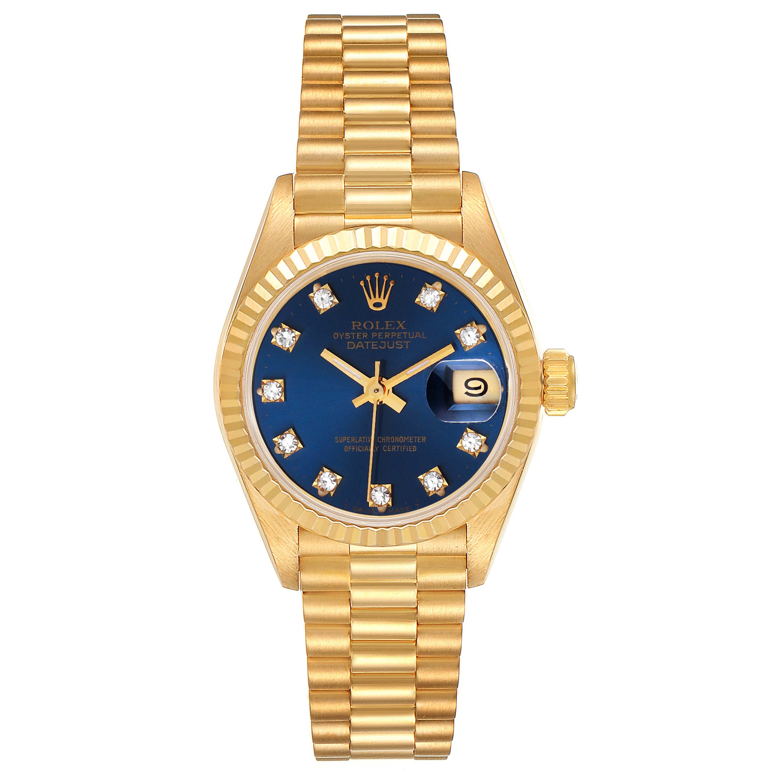The image shows a frontal view of the Rolex President 69178 Women
s Yellow Gold Blue Dial 69178 Women
s Yellow Gold Blue Dial model watch, featuring a gold bracelet and blue dial with diamond hour markers.