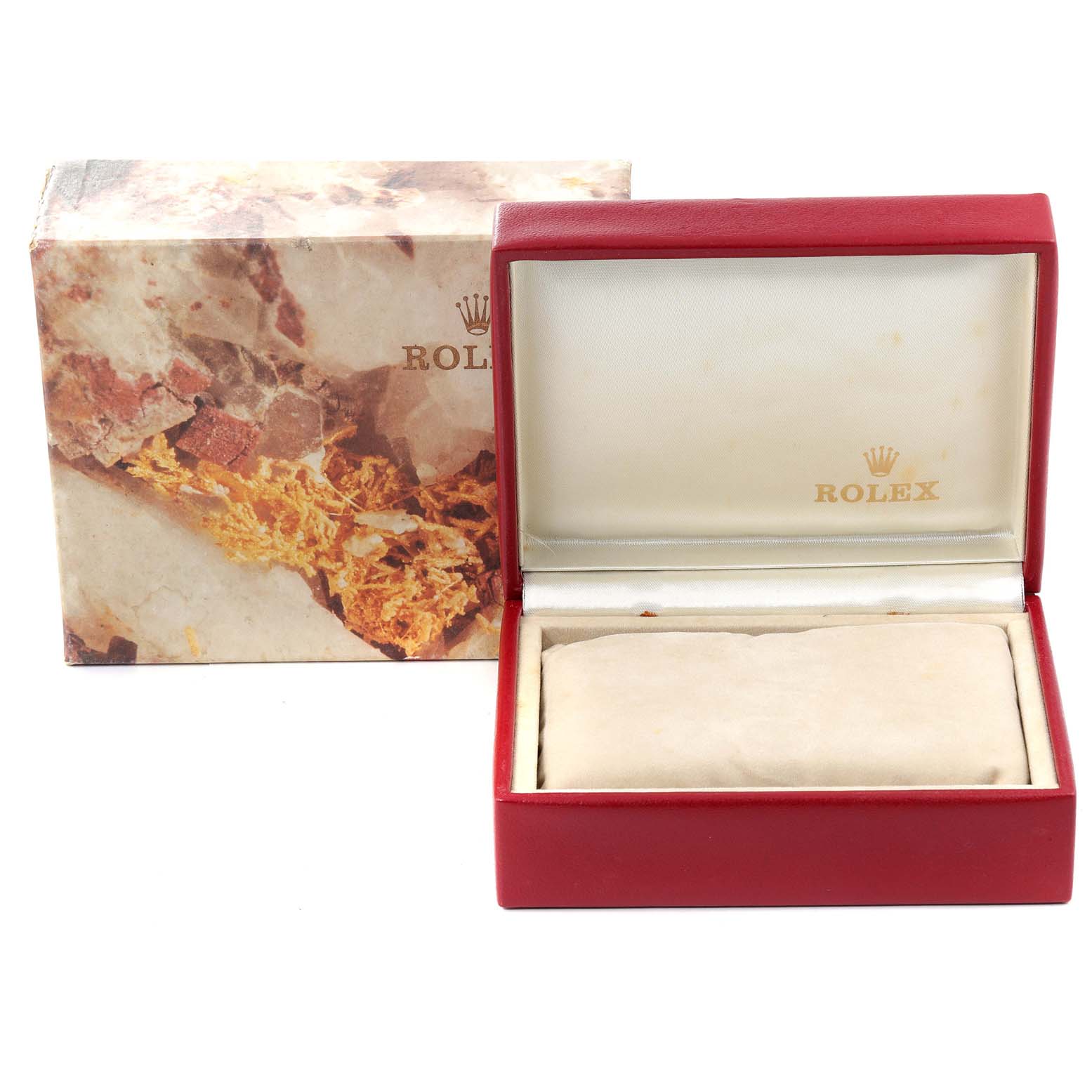 This image shows a Rolex President 69178 Women
s Yellow Gold Blue Dial 69178 Women
s Yellow Gold Blue Dial model watch box and its decorative outer box from a front angle.