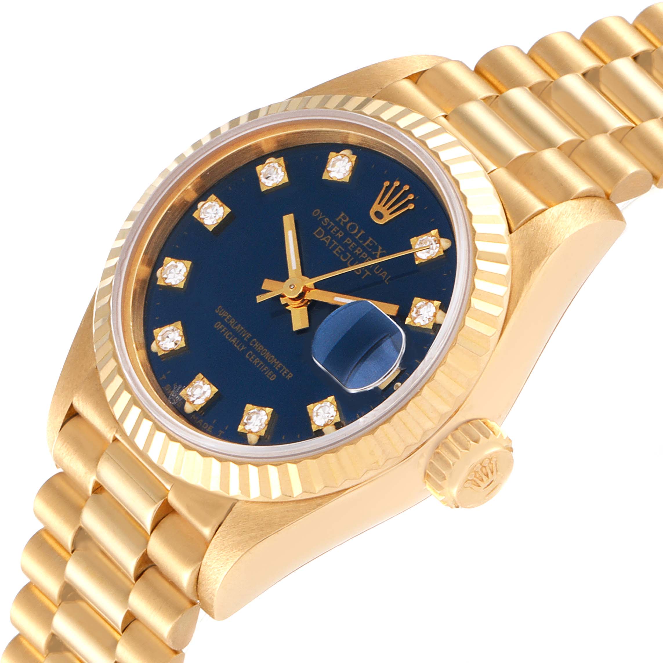This image shows a Rolex President 69178 Women
s Yellow Gold Blue Dial 69178 Women
s Yellow Gold Blue Dial model watch at an angle, highlighting the blue dial, diamond markers, fluted bezel, and gold bracelet.