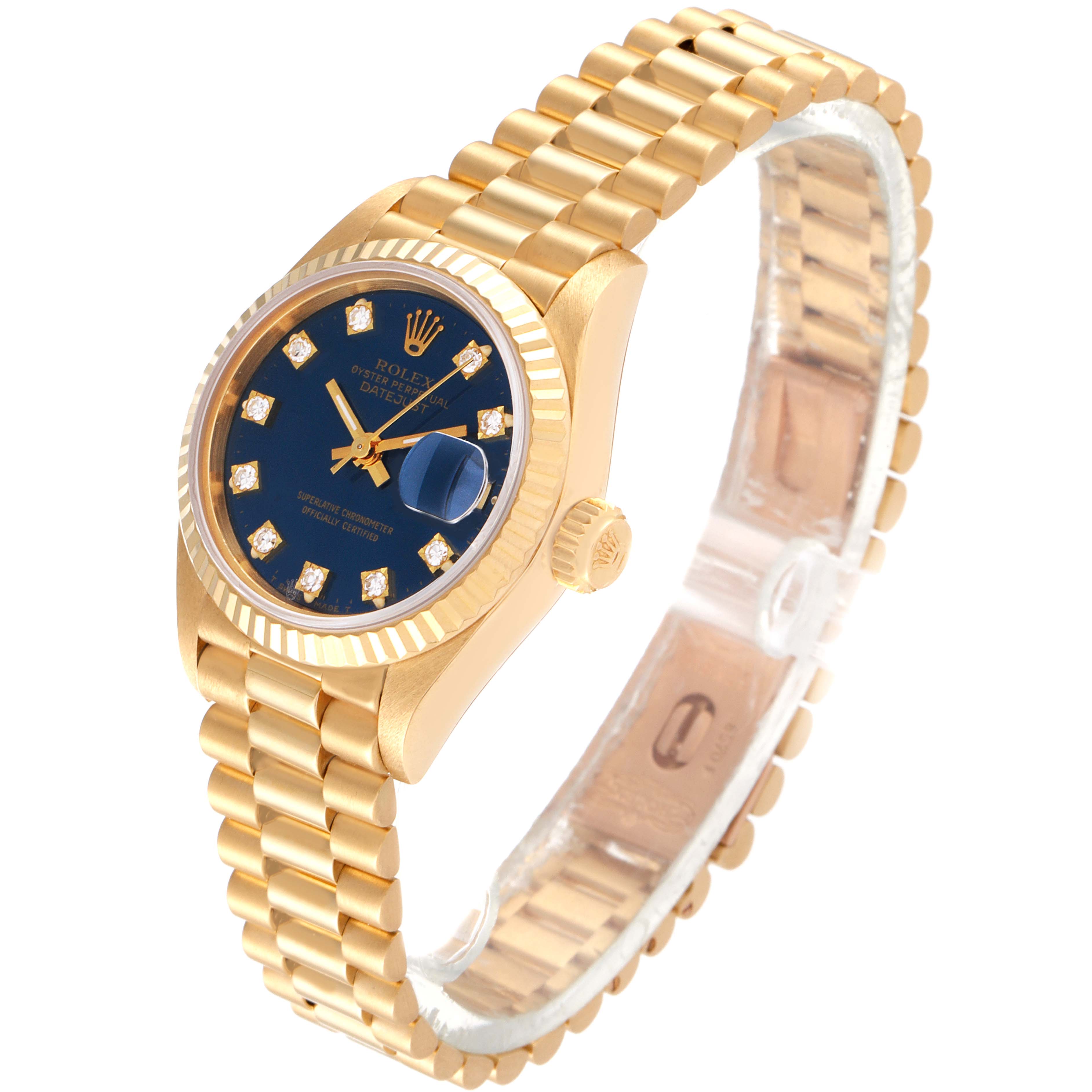 The image shows a Rolex President 69178 Women
s Yellow Gold Blue Dial 69178 Women
s Yellow Gold Blue Dial watch at a slight angle, highlighting its gold case, blue dial, diamond markers, and gold bracelet.