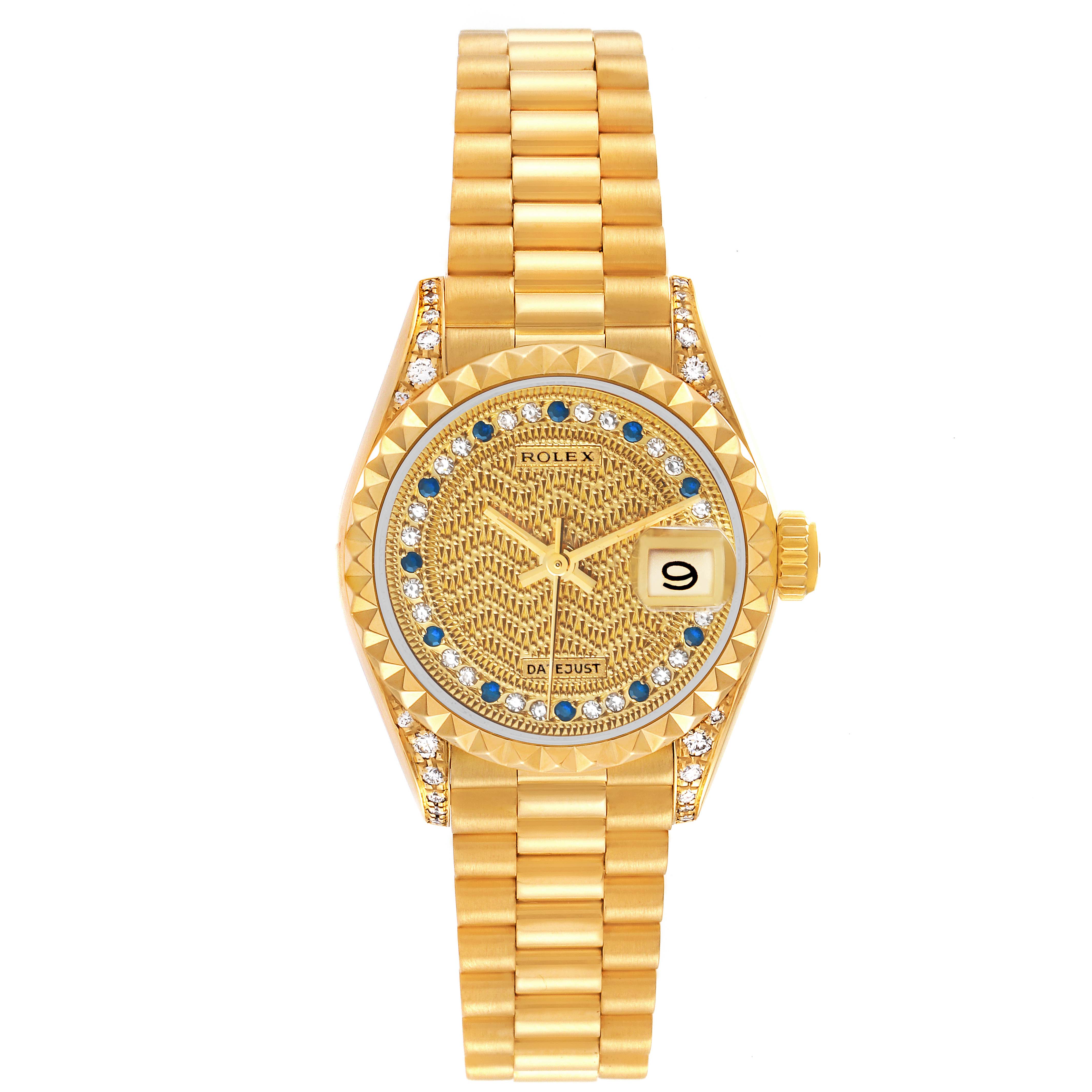 The image shows the front view of a gold Rolex President 69188 Women
s Yellow Gold Champagne Dial 69188 Women
s Yellow Gold Champagne Dial model watch, displaying its face, bezel, crown, and bracelet.