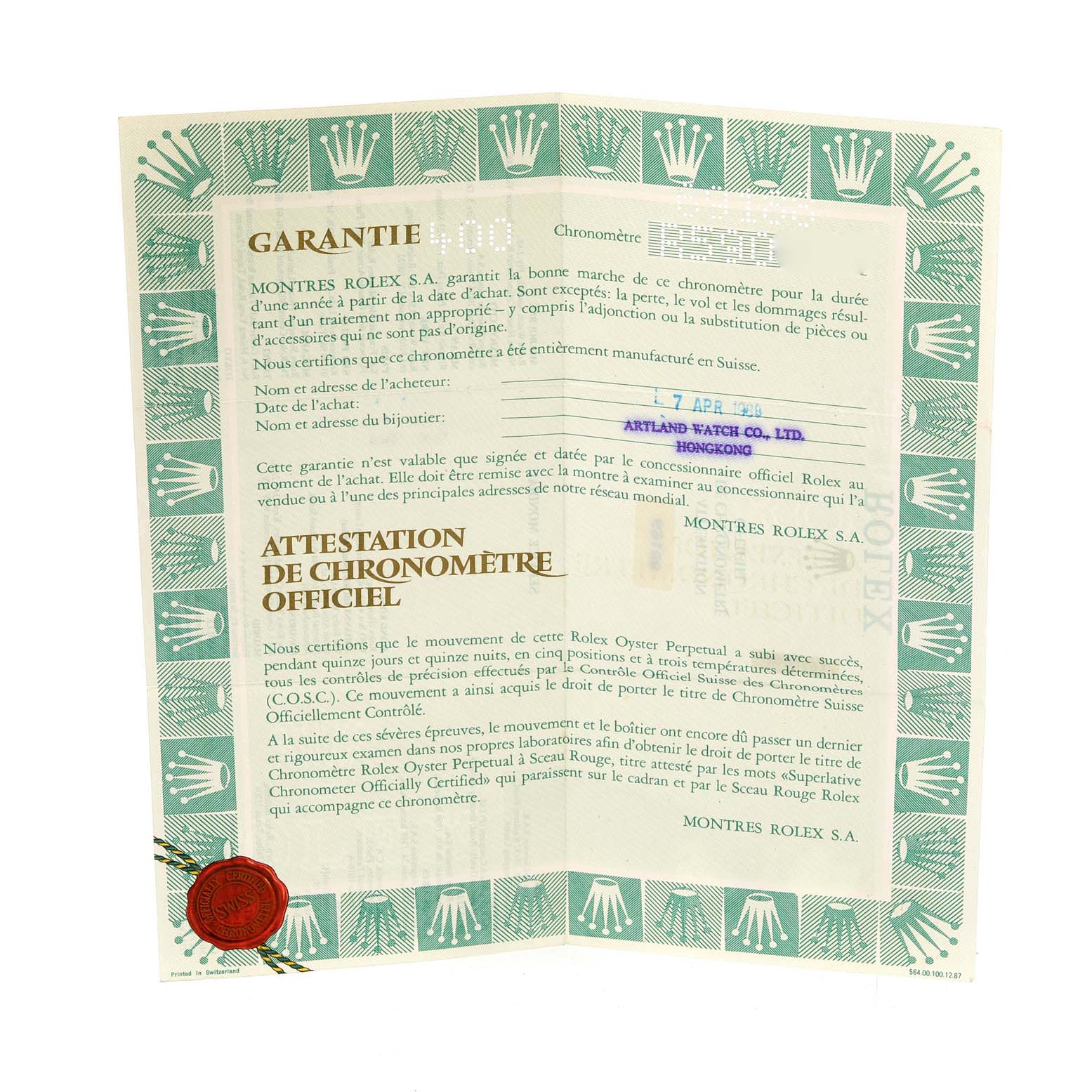 The image shows the official warranty and chronometer certificate for a Rolex President 69188 Women
s Yellow Gold Champagne Dial 69188 Women
s Yellow Gold Champagne Dial model watch.