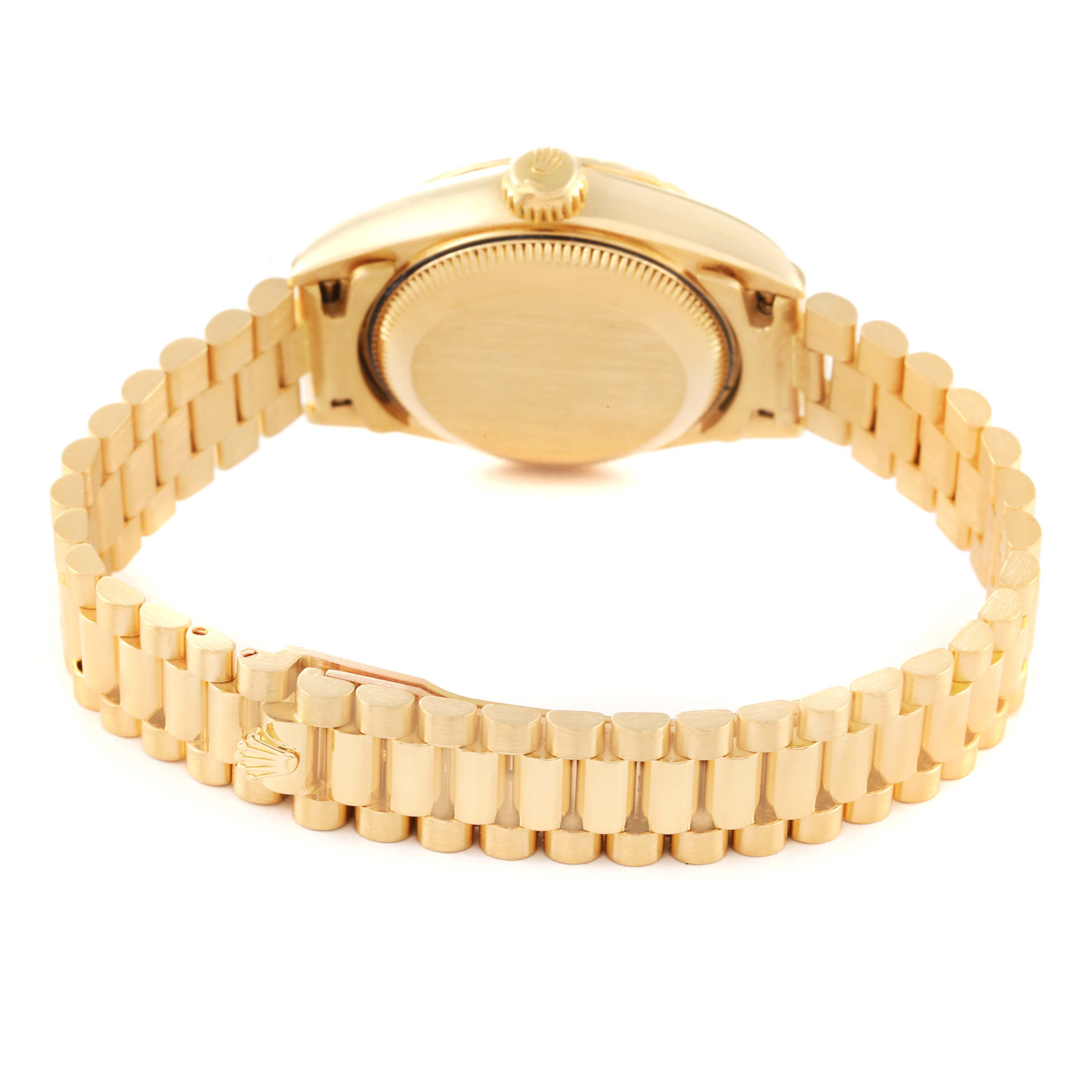 This image displays the back and side view of the Rolex President 69188 Women
s Yellow Gold Champagne Dial 69188 Women
s Yellow Gold Champagne Dial model, showcasing its gold case and bracelet.