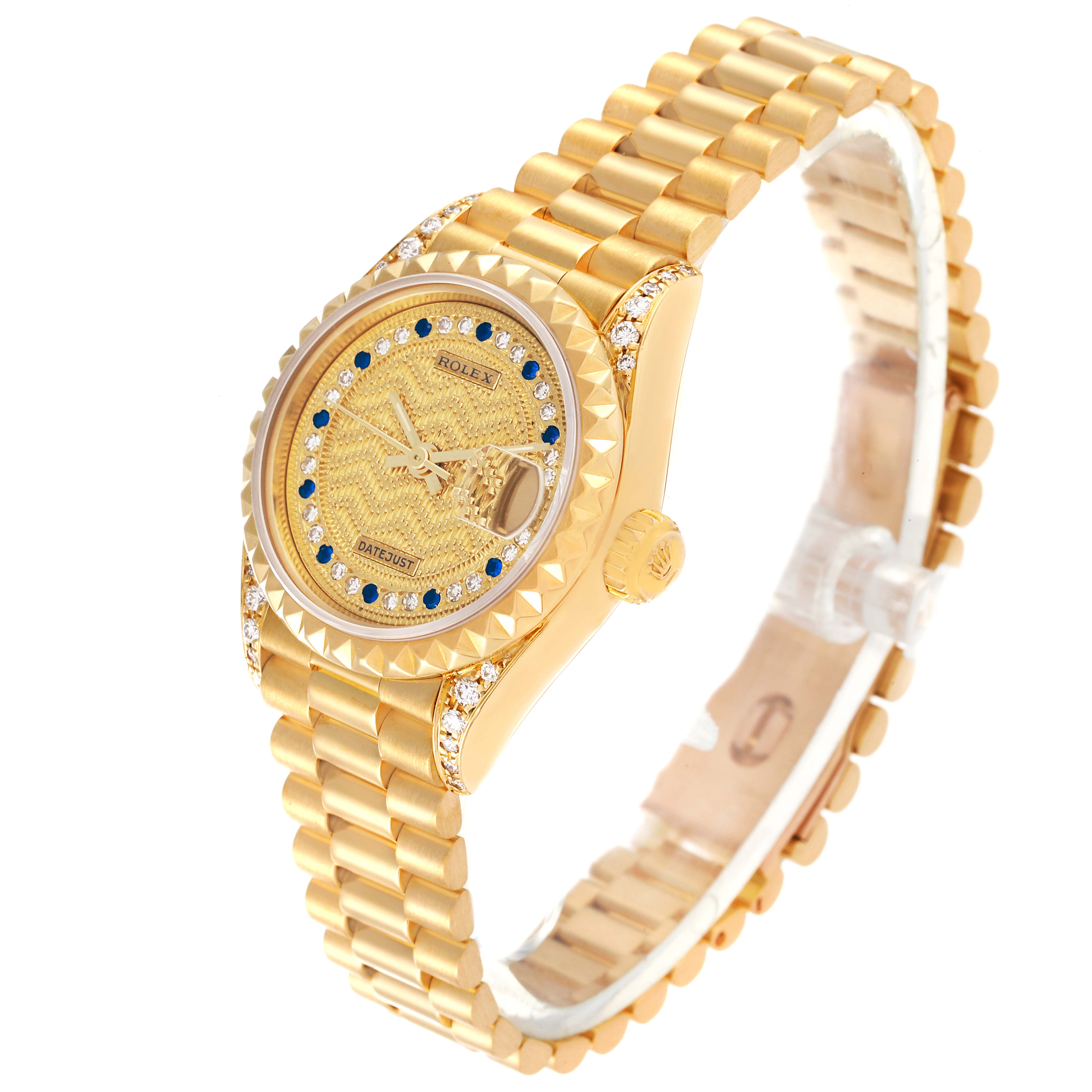 The image shows a gold Rolex President 69188 Women
s Yellow Gold Champagne Dial 69188 Women
s Yellow Gold Champagne Dial model watch at a slightly elevated angle, highlighting the face, bezel, and band.
