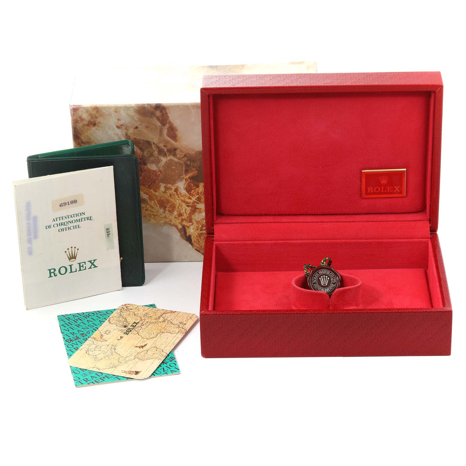 The image shows the presentation box, tags, and documentation for a Rolex President 69188 Women
s Yellow Gold Champagne Dial 69188 Women
s Yellow Gold Champagne Dial model watch.