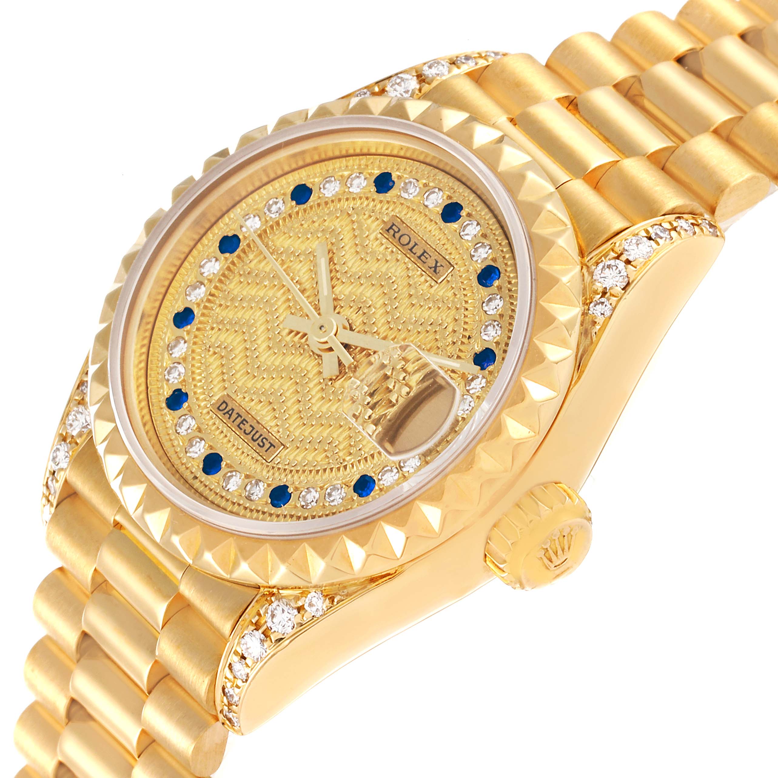 This image shows a close-up side angle of a Rolex President 69188 Women
s Yellow Gold Champagne Dial 69188 Women
s Yellow Gold Champagne Dial model watch, highlighting its gold case, diamond bezel, and bracelet.