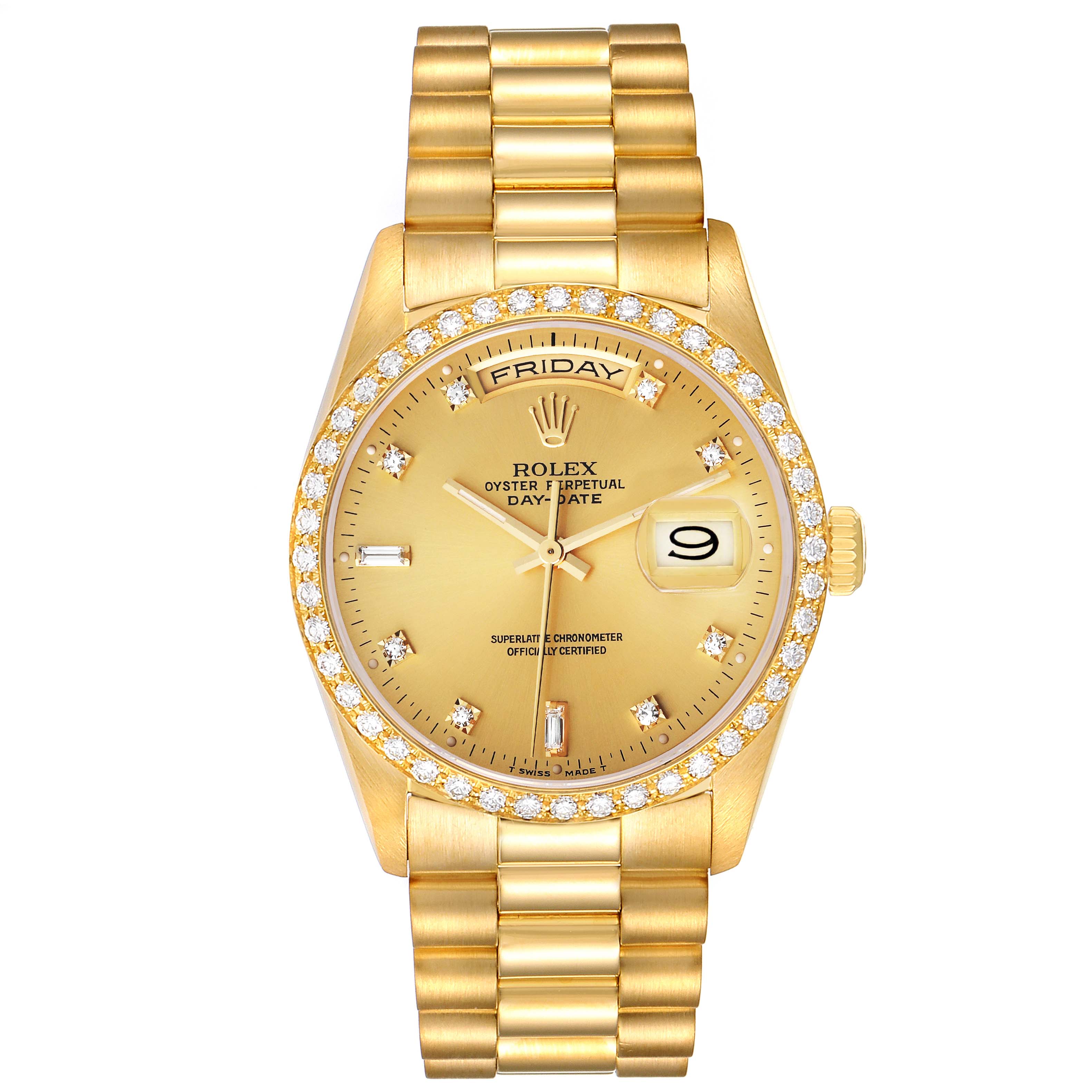 This Rolex President 18348 Men
s Yellow Gold Champagne Dial 18348 Men
s Yellow Gold Champagne Dial model watch is shown in a direct, front-facing angle, displaying the dial, bezel, hands, and bracelet.