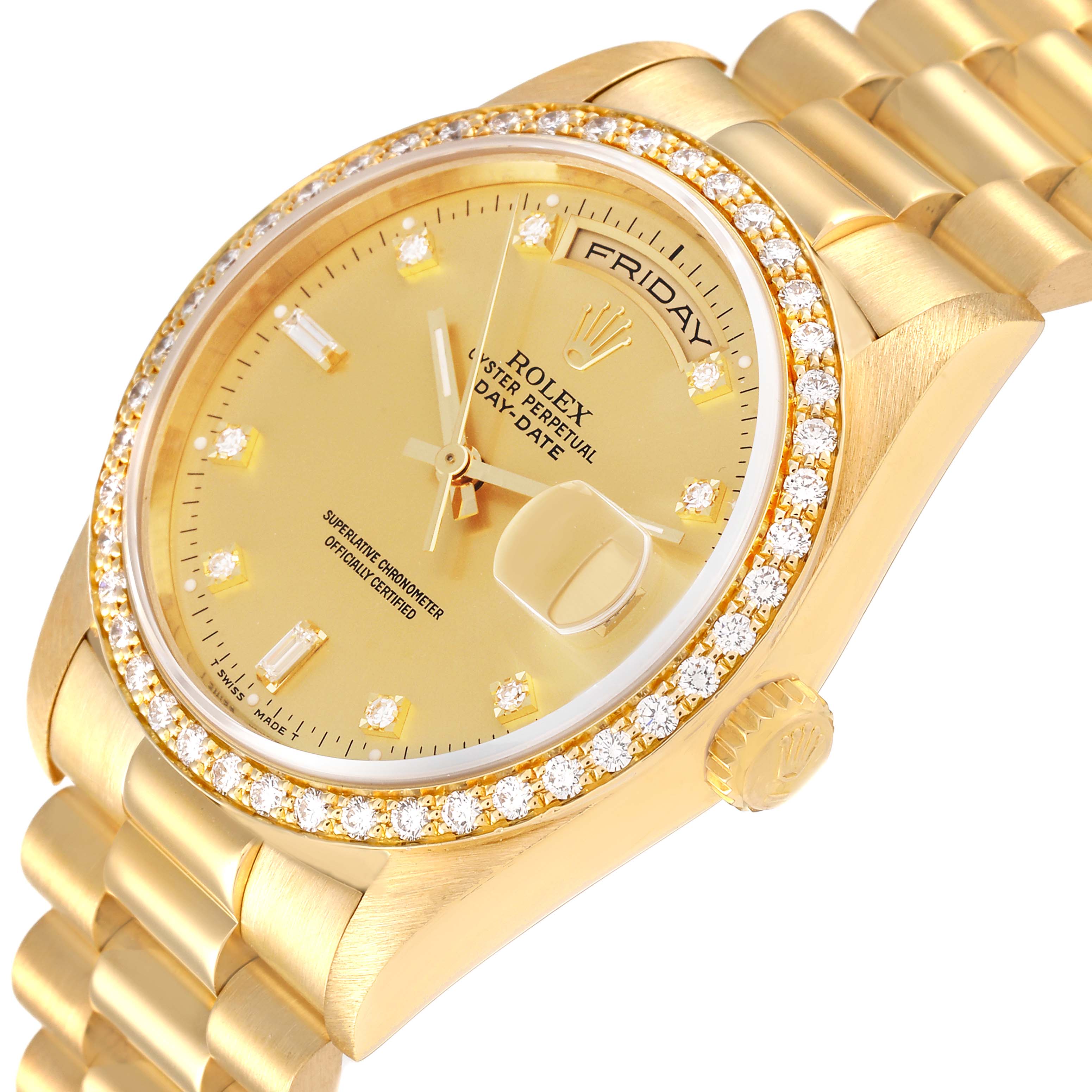 The image shows a close-up angled view of the Rolex President 18348 Men
s Yellow Gold Champagne Dial 18348 Men
s Yellow Gold Champagne Dial model, featuring the dial, bezel, and part of the bracelet.