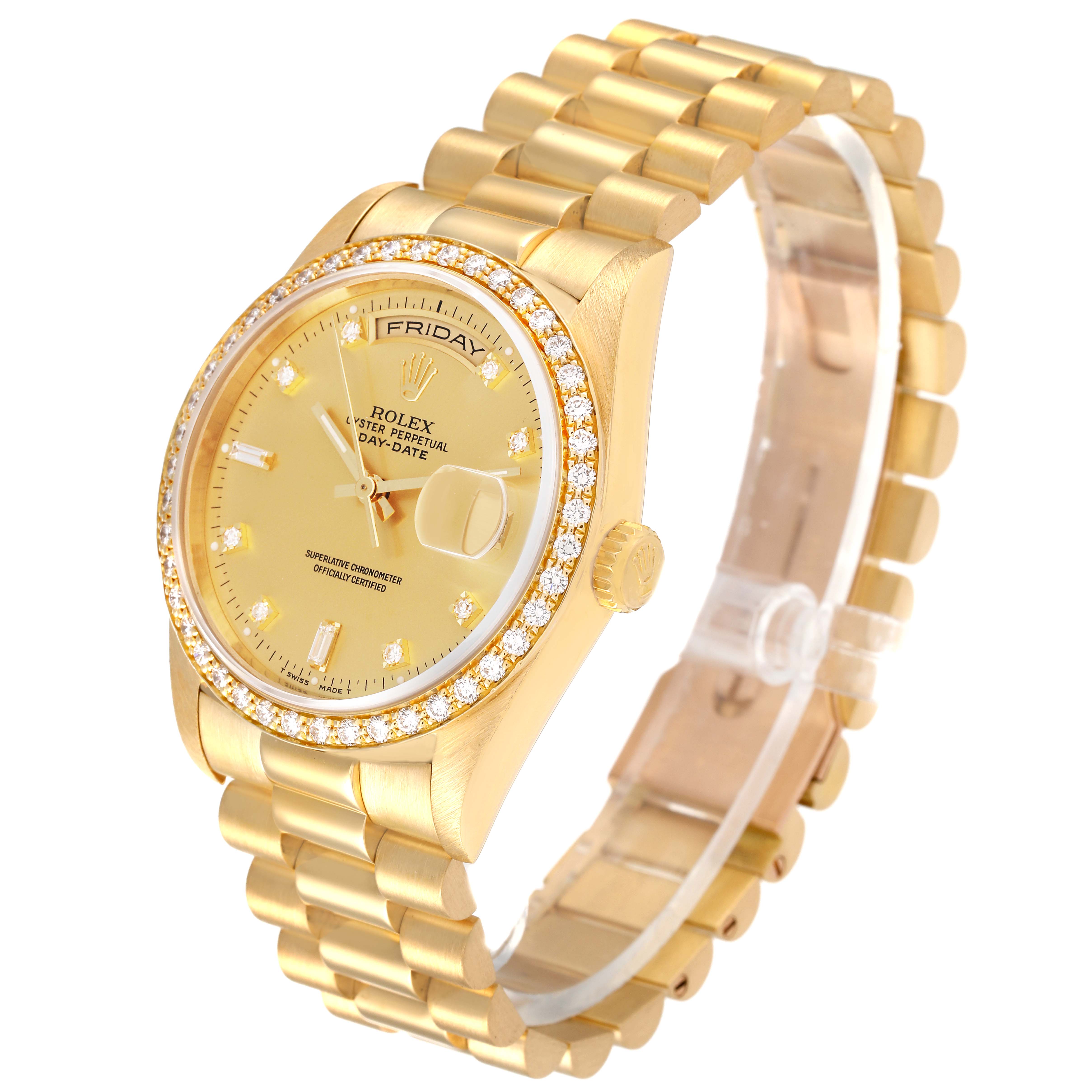This Rolex President 18348 Men
s Yellow Gold Champagne Dial 18348 Men
s Yellow Gold Champagne Dial model is shown at an angle highlighting its yellow gold color, diamond bezel, day-date display, and bracelet.