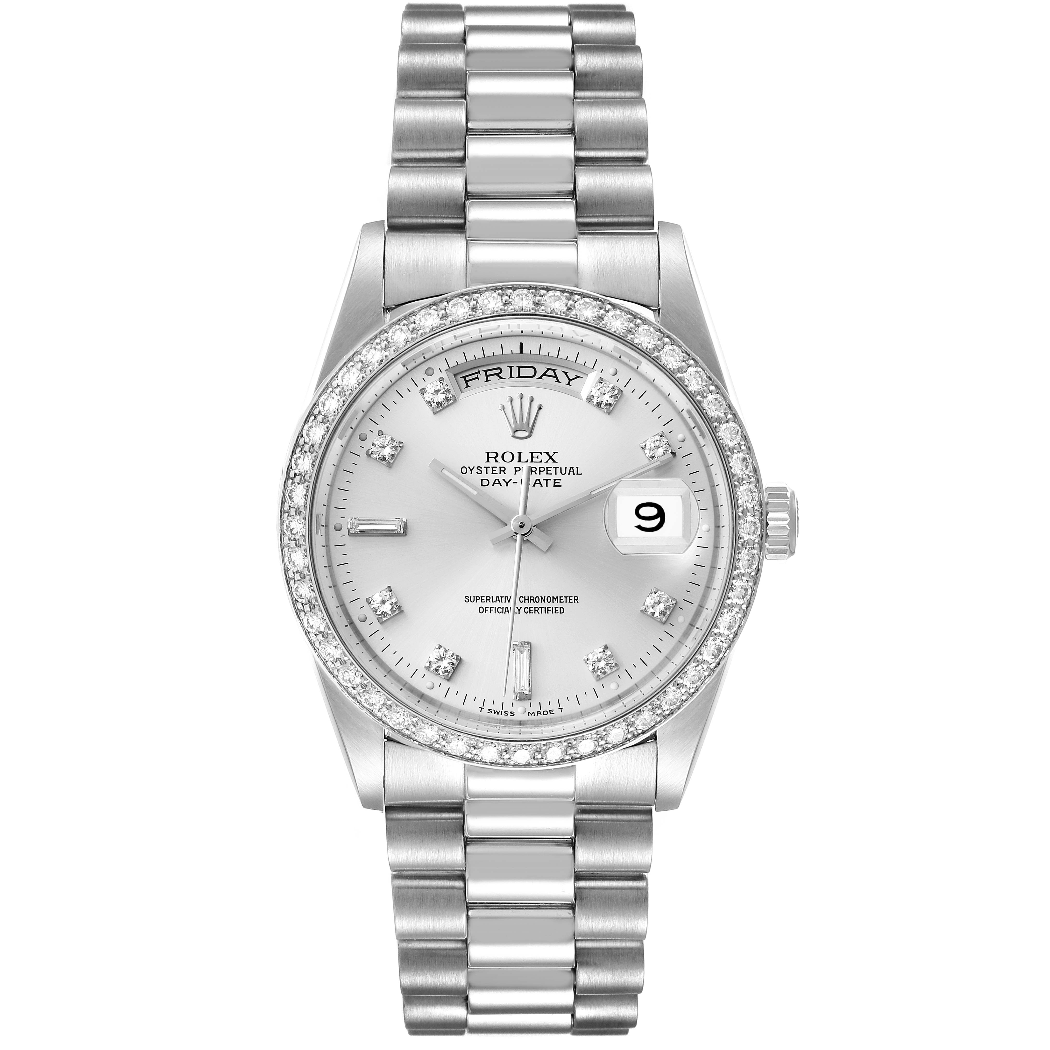 This image shows a front view of a Rolex President 18346 Men's Platinum Silver Dial 18346 Men's Platinum Silver Dial model watch, including the bracelet, bezel, dial, and crown.