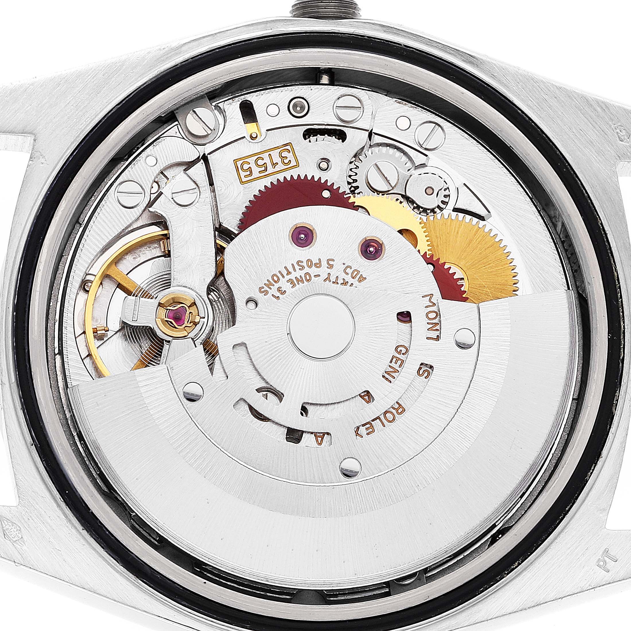 This is a close-up view showing the intricate inner mechanics of a Rolex President 18346 Men's Platinum Silver Dial 18346 Men's Platinum Silver Dial model watch.