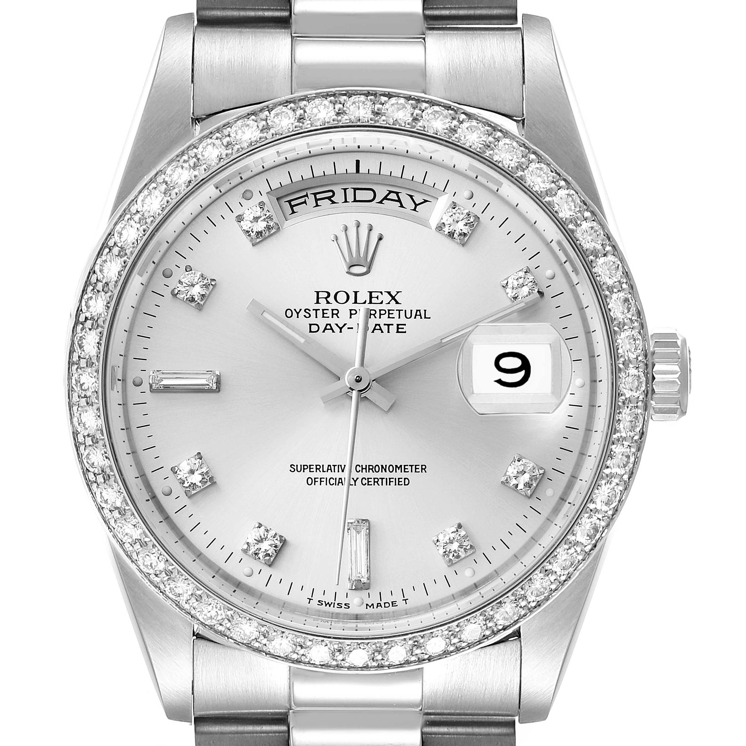 The image shows a frontal view of the Rolex President 18346 Men's Platinum Silver Dial 18346 Men's Platinum Silver Dial model watch, highlighting the dial, bezel, and bracelet.