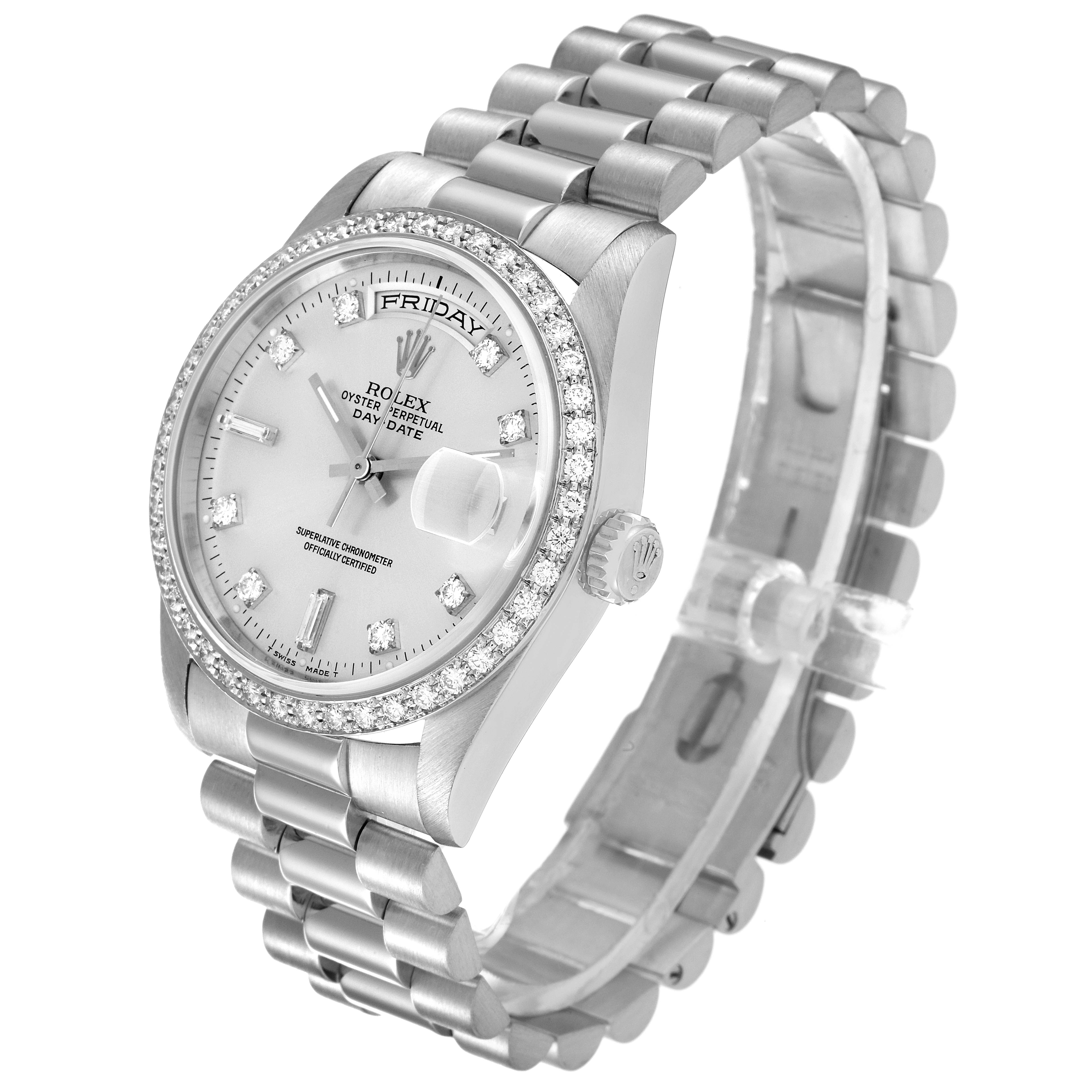 The Rolex President 18346 Men's Platinum Silver Dial 18346 Men's Platinum Silver Dial model is shown from a front-side angle, displaying the face, bezel, dial, and bracelet links.