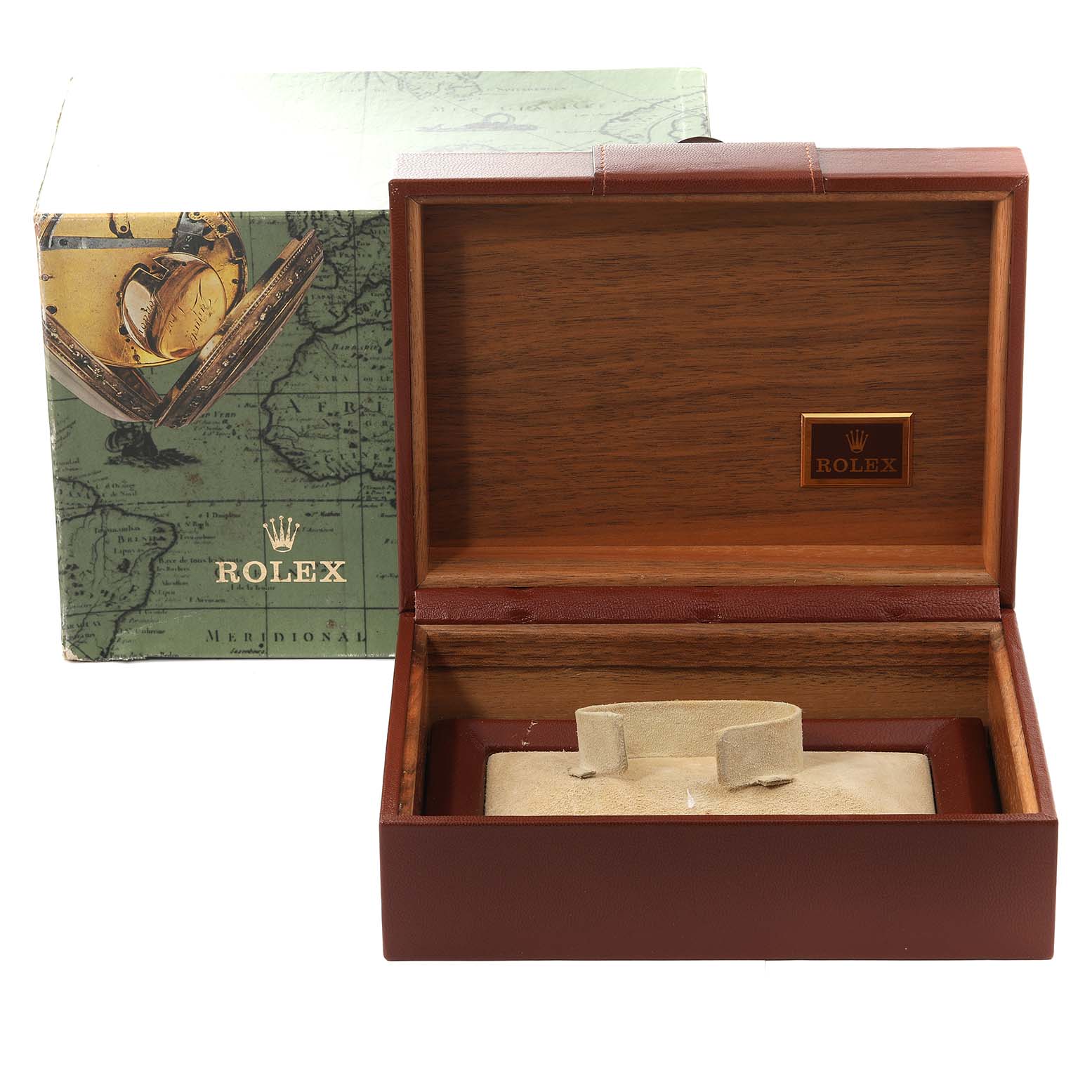 The image shows the box and interior of a Rolex President 18346 Men's Platinum Silver Dial 18346 Men's Platinum Silver Dial model watch packaging.