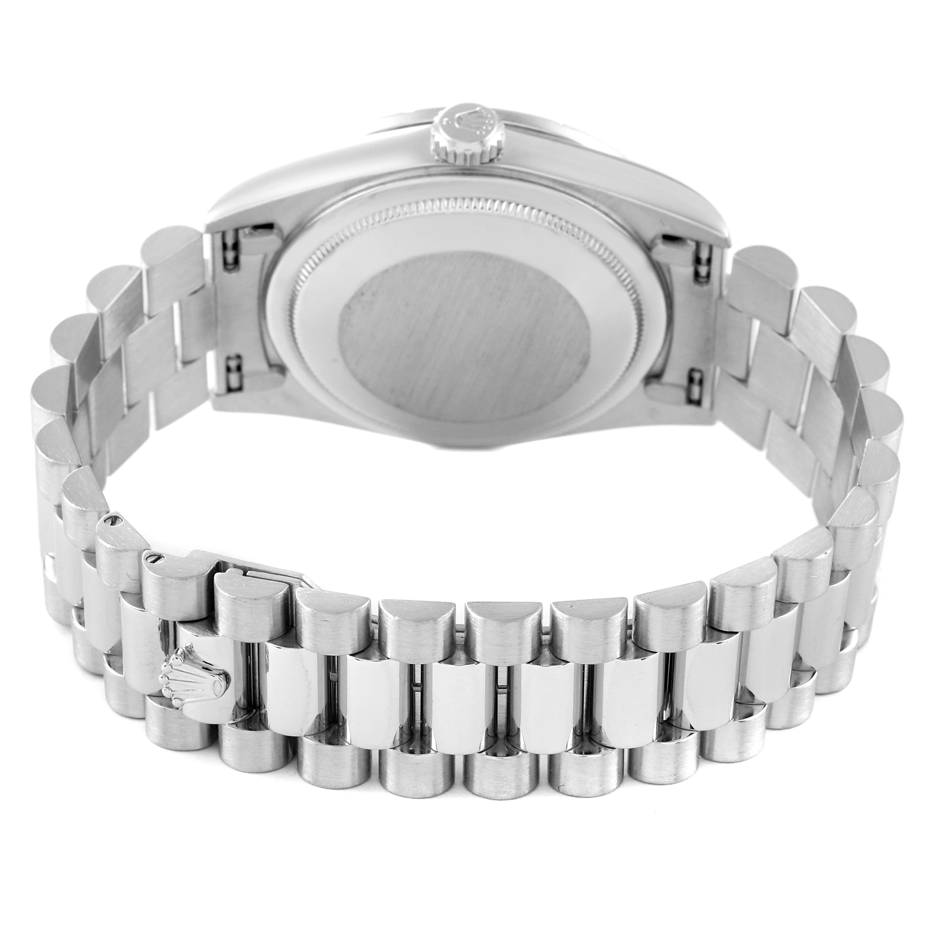 This image shows the back case and bracelet of a Rolex President 18346 Men's Platinum Silver Dial 18346 Men's Platinum Silver Dial model watch from a rear angle.