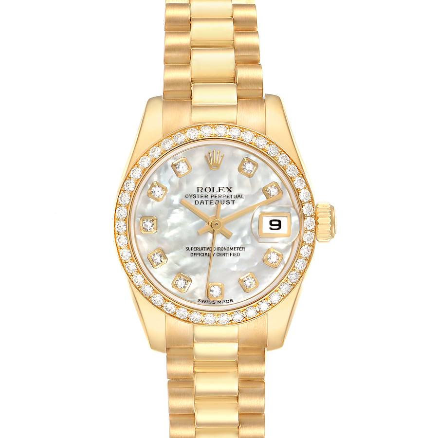 The Rolex President model is shown from the front, displaying the dial, bezel, and part of the bracelet.