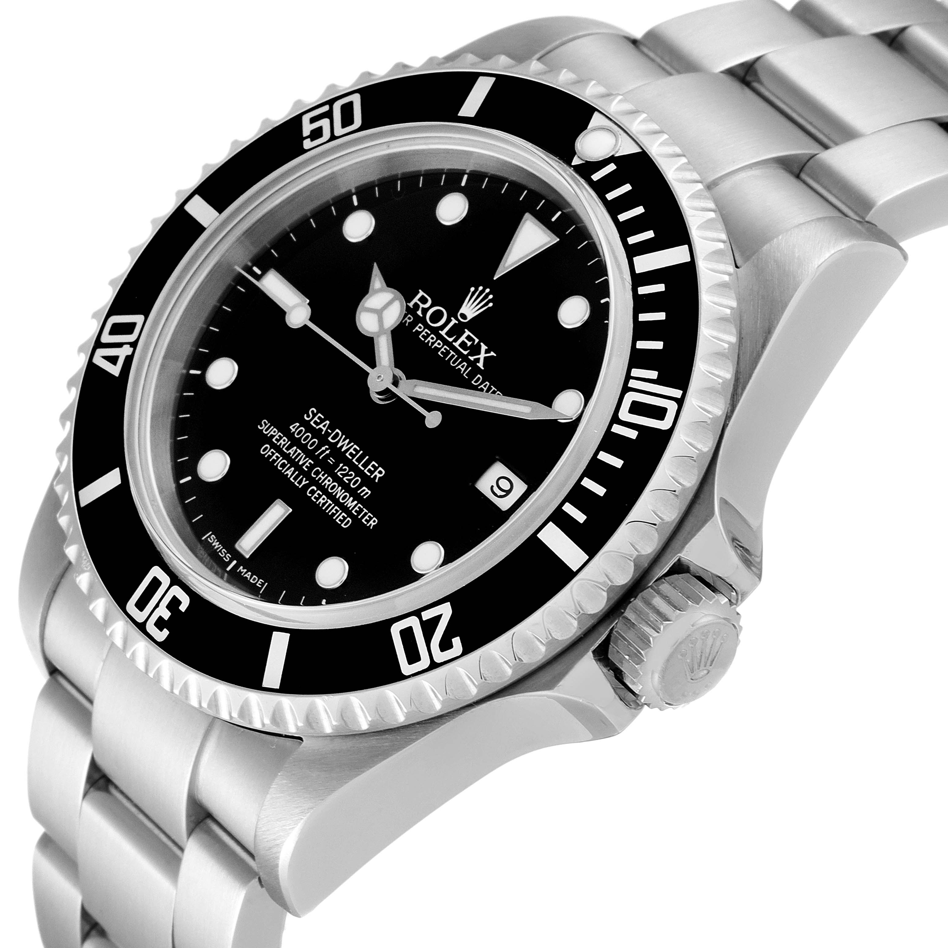This image shows a Rolex Sea-Dweller 16600 Men's Stainless Steel Black Dial 16600 Men's Stainless Steel Black Dial watch at an angle, highlighting its face, bezel, crown, and part of the metal bracelet.