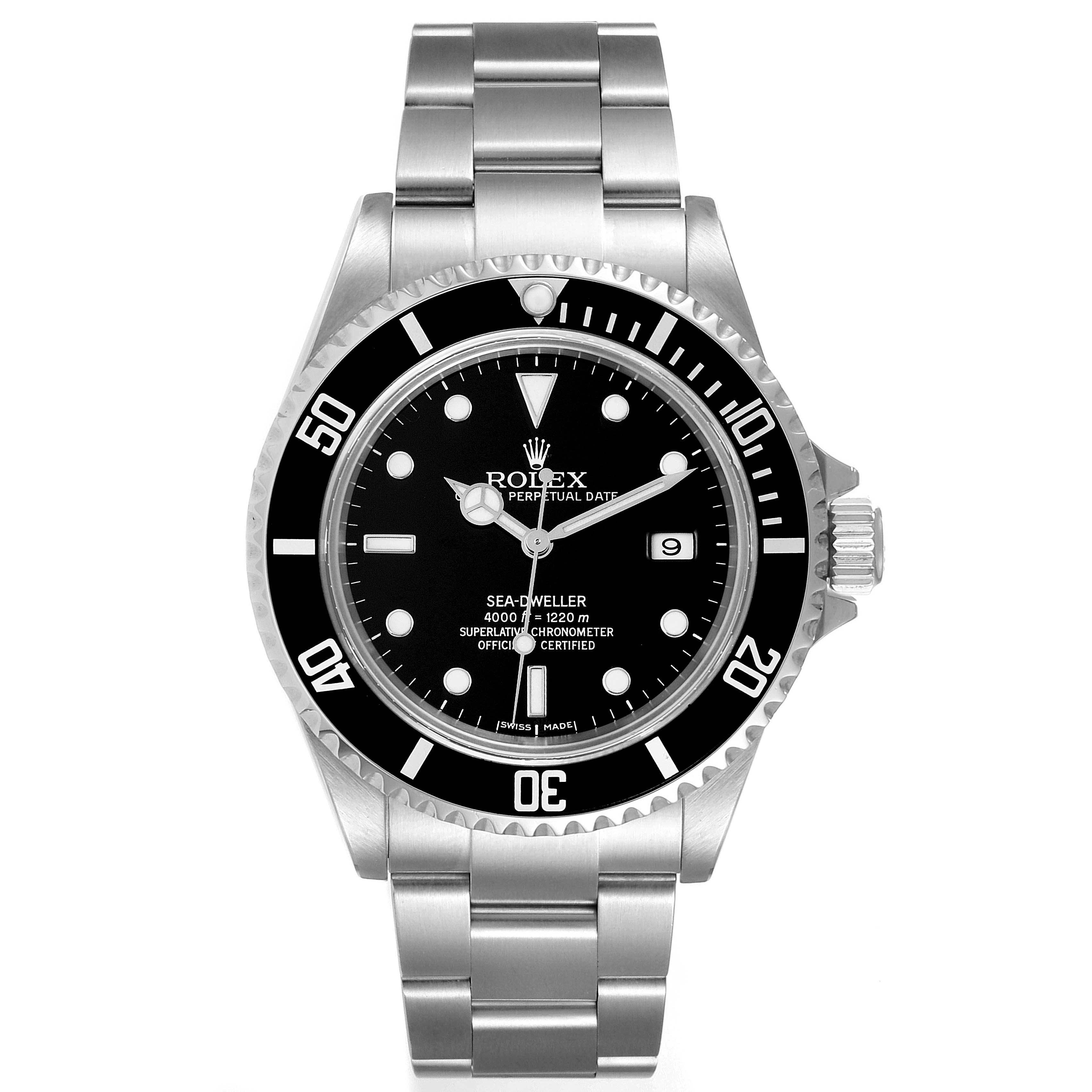The image shows a frontal view of a Rolex Sea-Dweller 16600 Men's Stainless Steel Black Dial 16600 Men's Stainless Steel Black Dial watch with a stainless steel band and black dial.