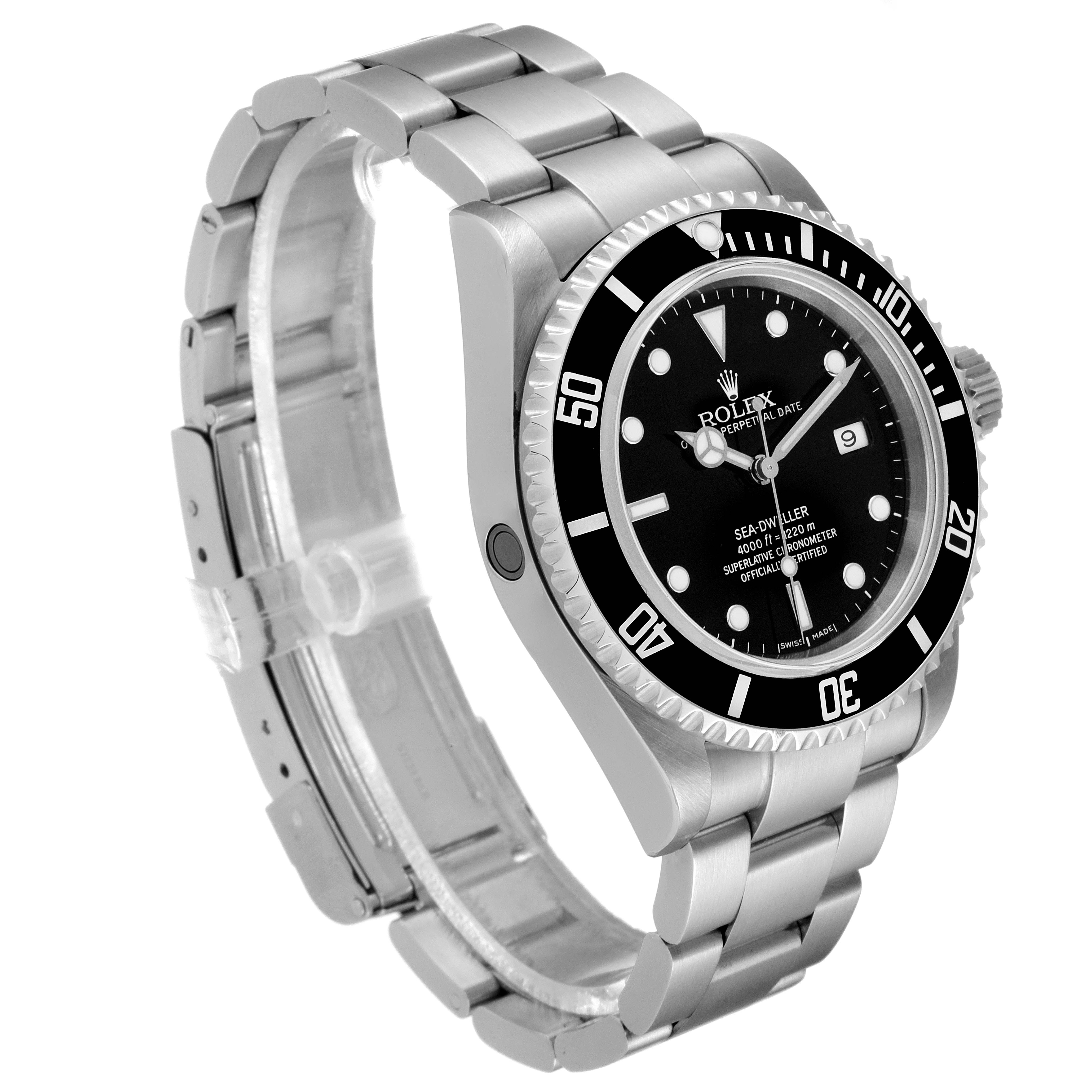 This image shows a side angle of the Rolex Sea-Dweller 16600 Men's Stainless Steel Black Dial 16600 Men's Stainless Steel Black Dial, highlighting its bezel, dial, bracelet, and crown.