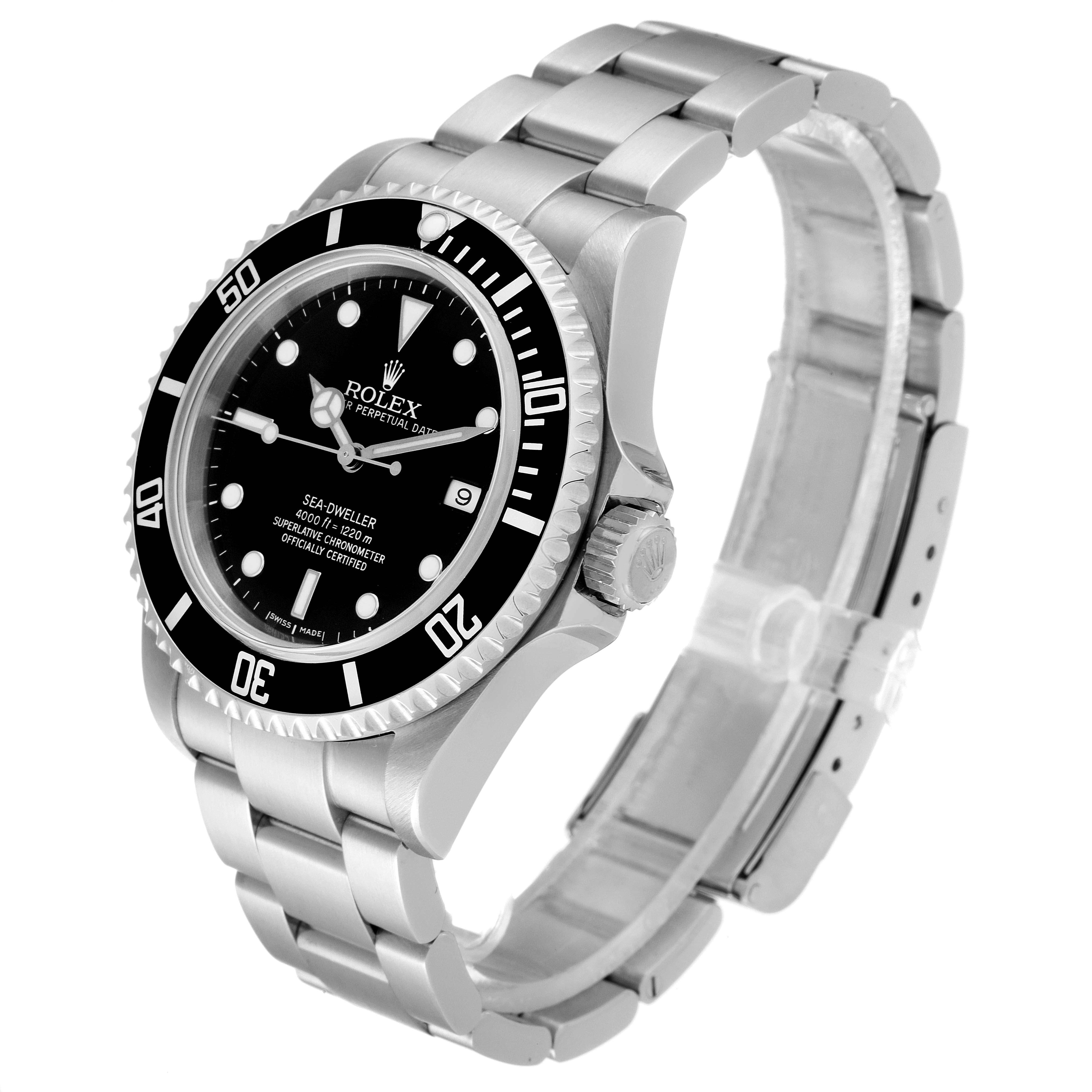 The image shows a Rolex Sea-Dweller 16600 Men's Stainless Steel Black Dial 16600 Men's Stainless Steel Black Dial watch from an oblique angle, highlighting its face, bezel, case, and bracelet.