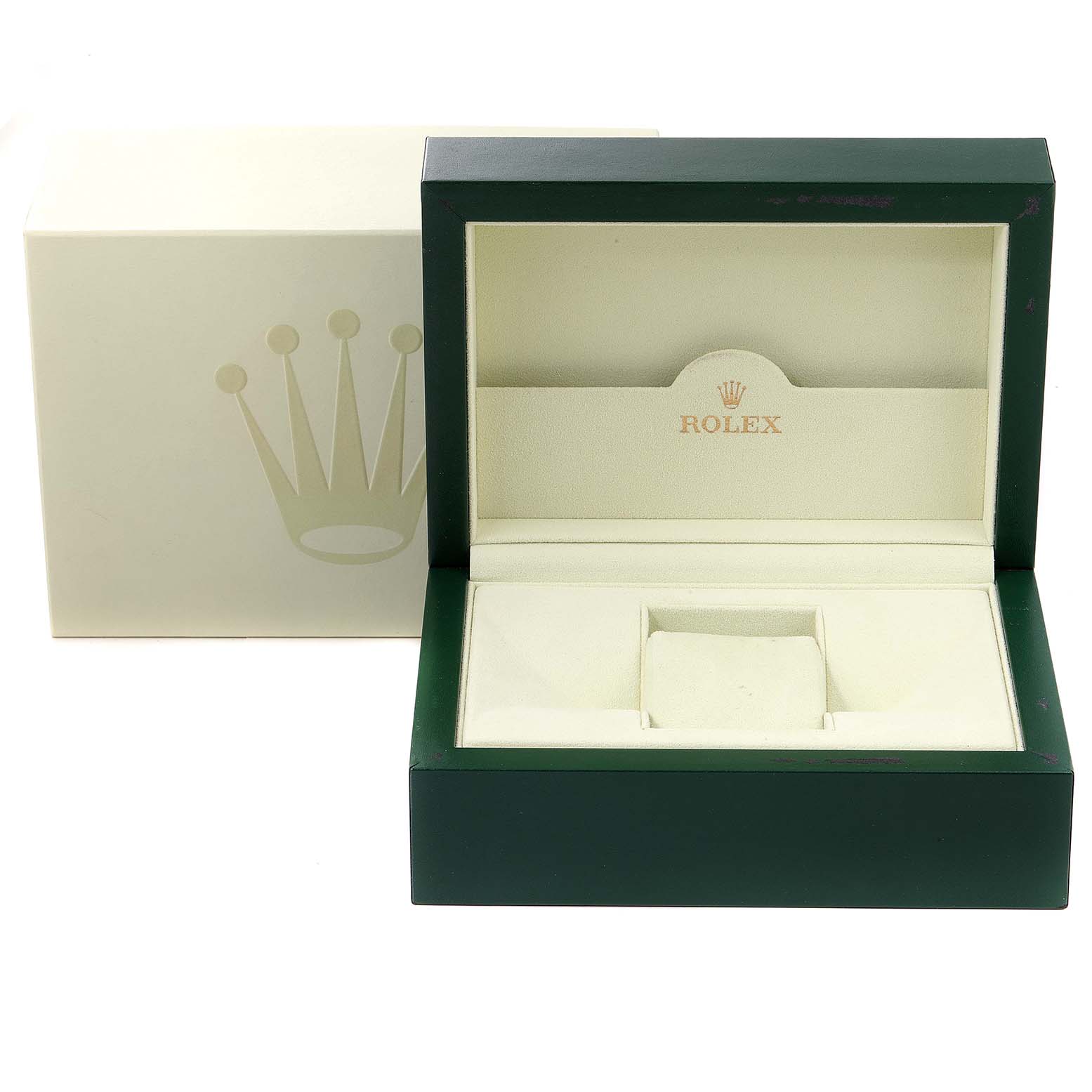 This image shows a green Rolex watch box, designed for the Sea-Dweller model, with its lid open to display the interior padding.