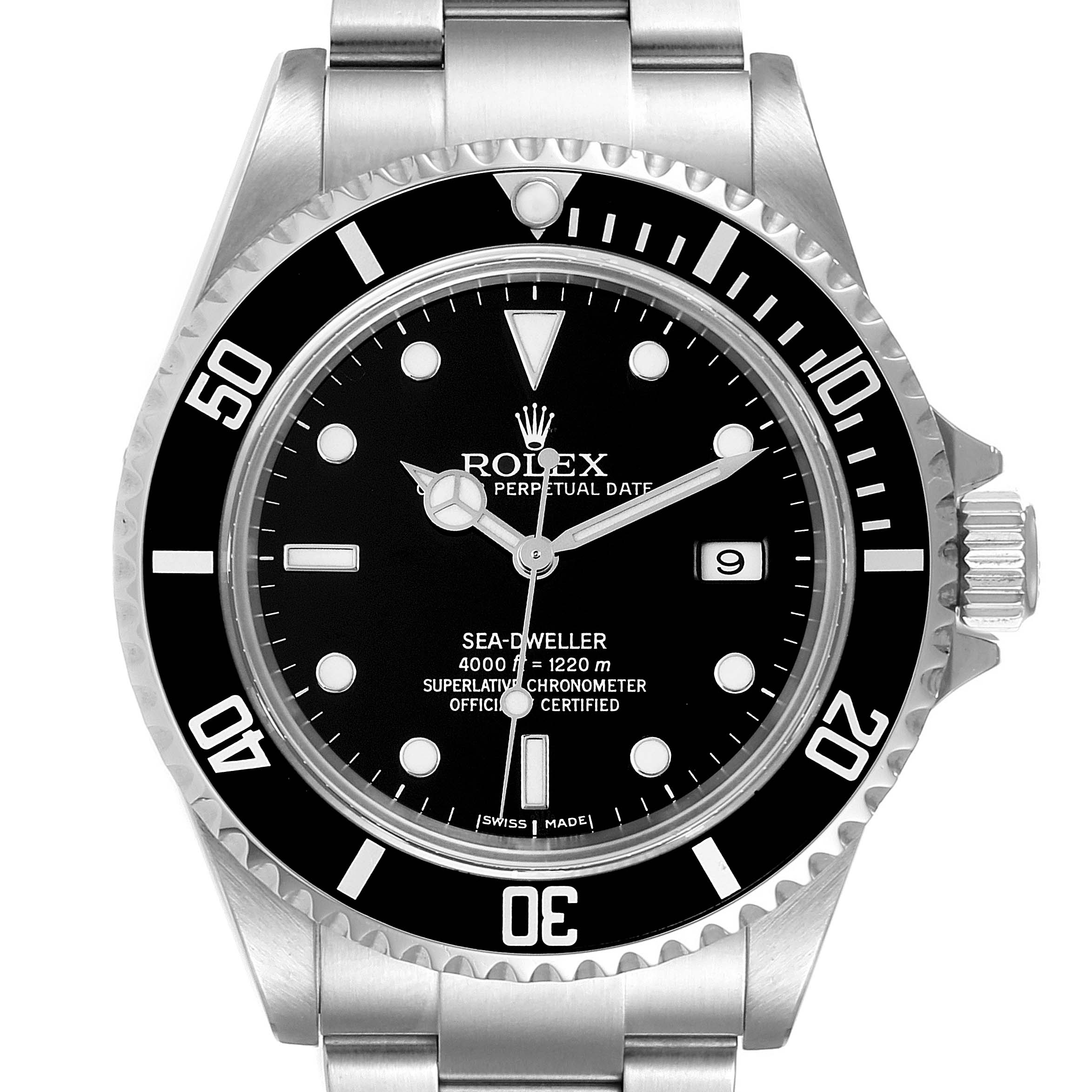 The image shows a front view of a Rolex Sea-Dweller 16600 Men's Stainless Steel Black Dial 16600 Men's Stainless Steel Black Dial watch, highlighting the dial, bezel, and part of the metal bracelet.