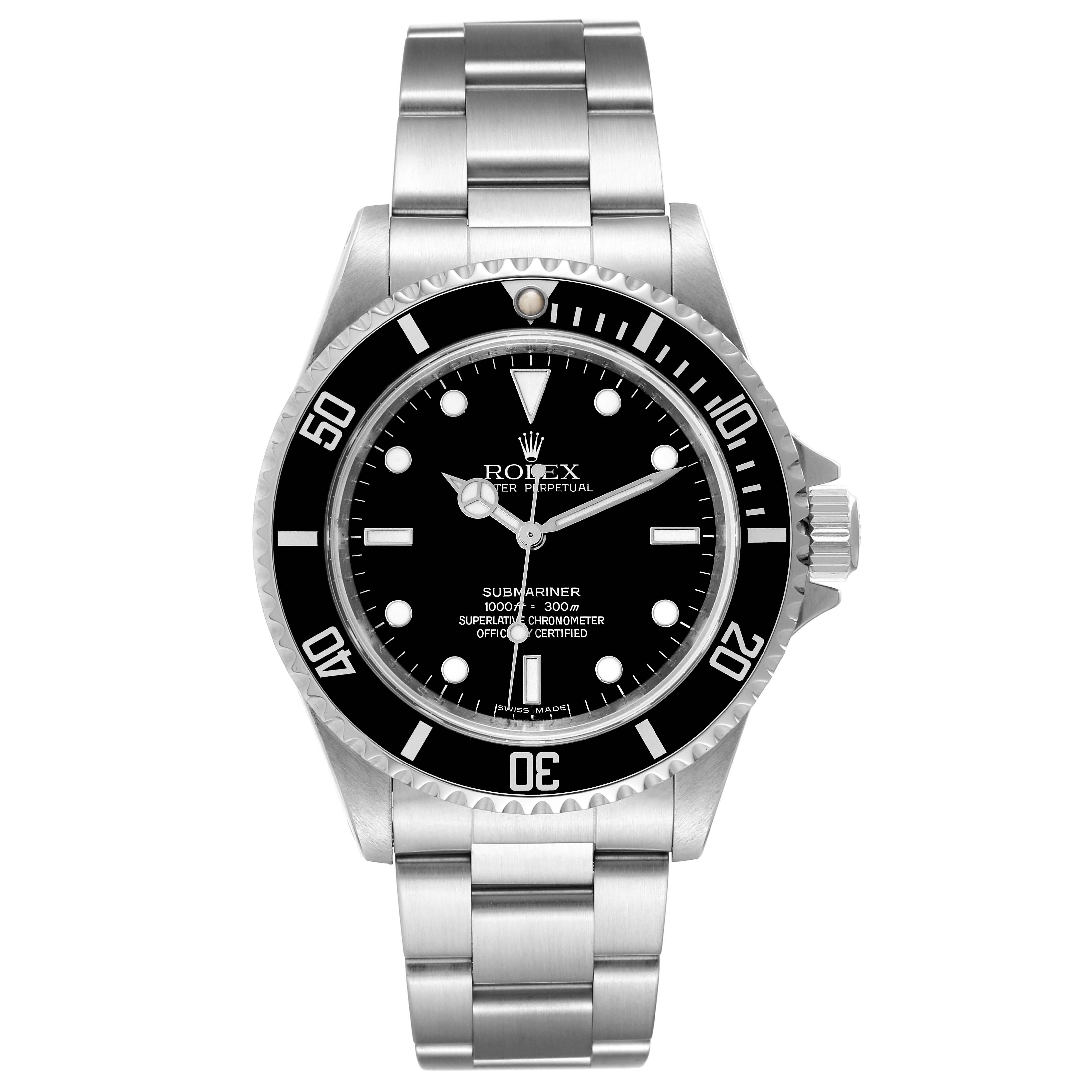 This image shows a front view of a Rolex Submariner 14060M Men
s Stainless Steel Black Dial 14060M Men
s Stainless Steel Black Dial watch, displaying its dial, bezel, and stainless steel bracelet.