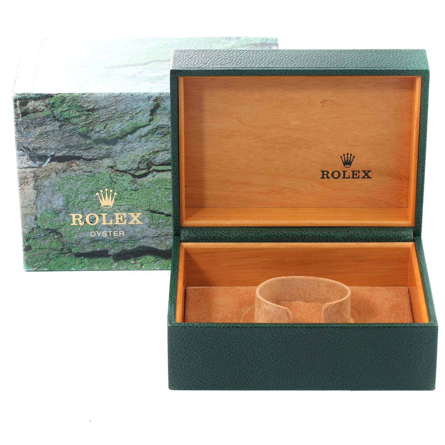 The image shows an open Rolex Submariner 14060M Men
s Stainless Steel Black Dial 14060M Men
s Stainless Steel Black Dial box with a green exterior and wooden interior, alongside its outer packaging.