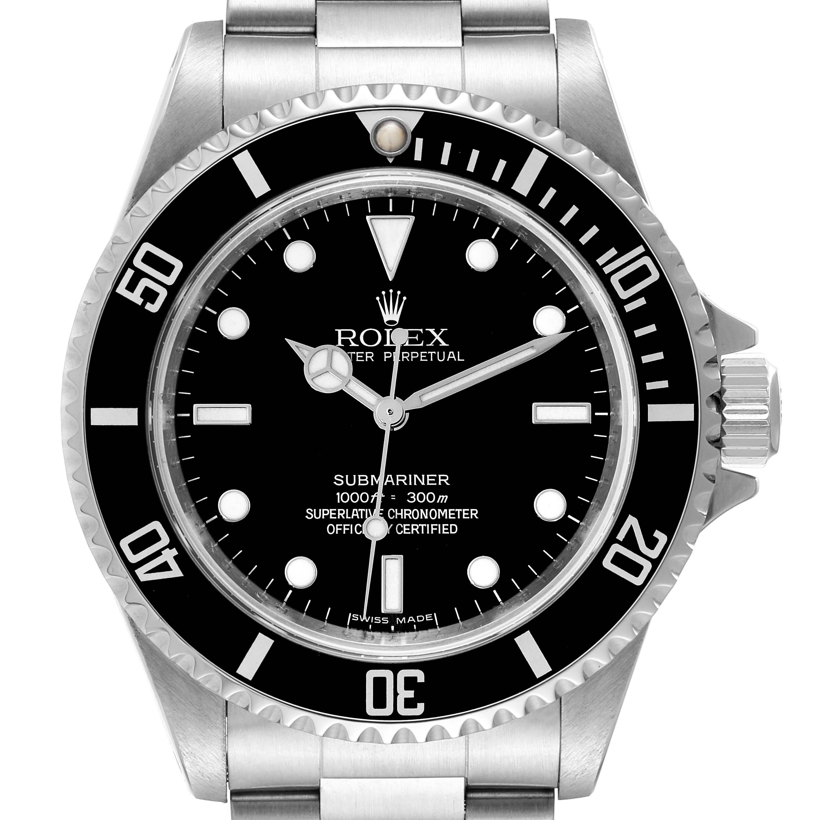 The image shows a front view of the Rolex Submariner 14060M Men
s Stainless Steel Black Dial 14060M Men
s Stainless Steel Black Dial watch, highlighting its bezel, dial, hands, and part of the bracelet.
