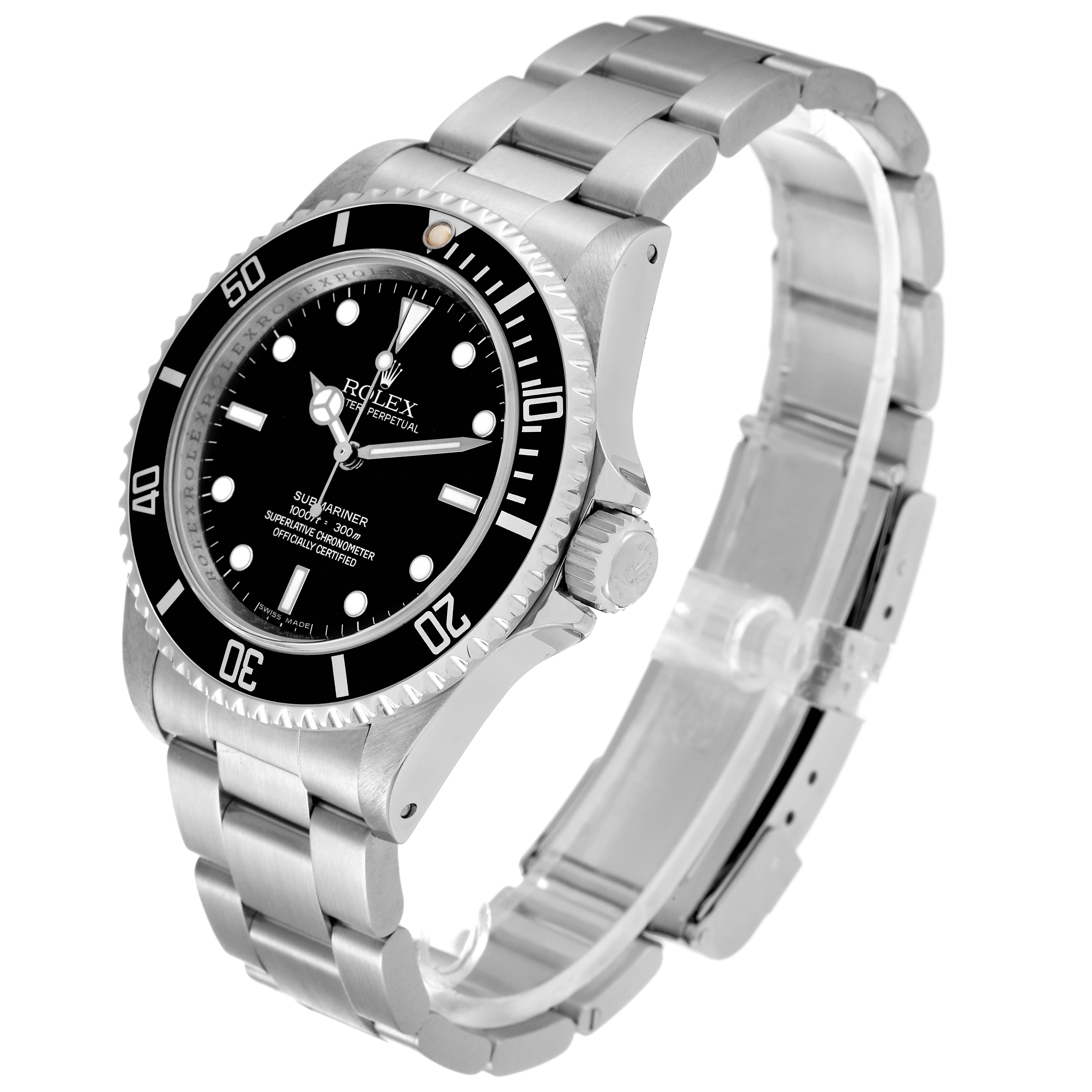 The Rolex Submariner 14060M Men
s Stainless Steel Black Dial 14060M Men
s Stainless Steel Black Dial watch is shown at an angle displaying its face, bezel, crown, and bracelet.
