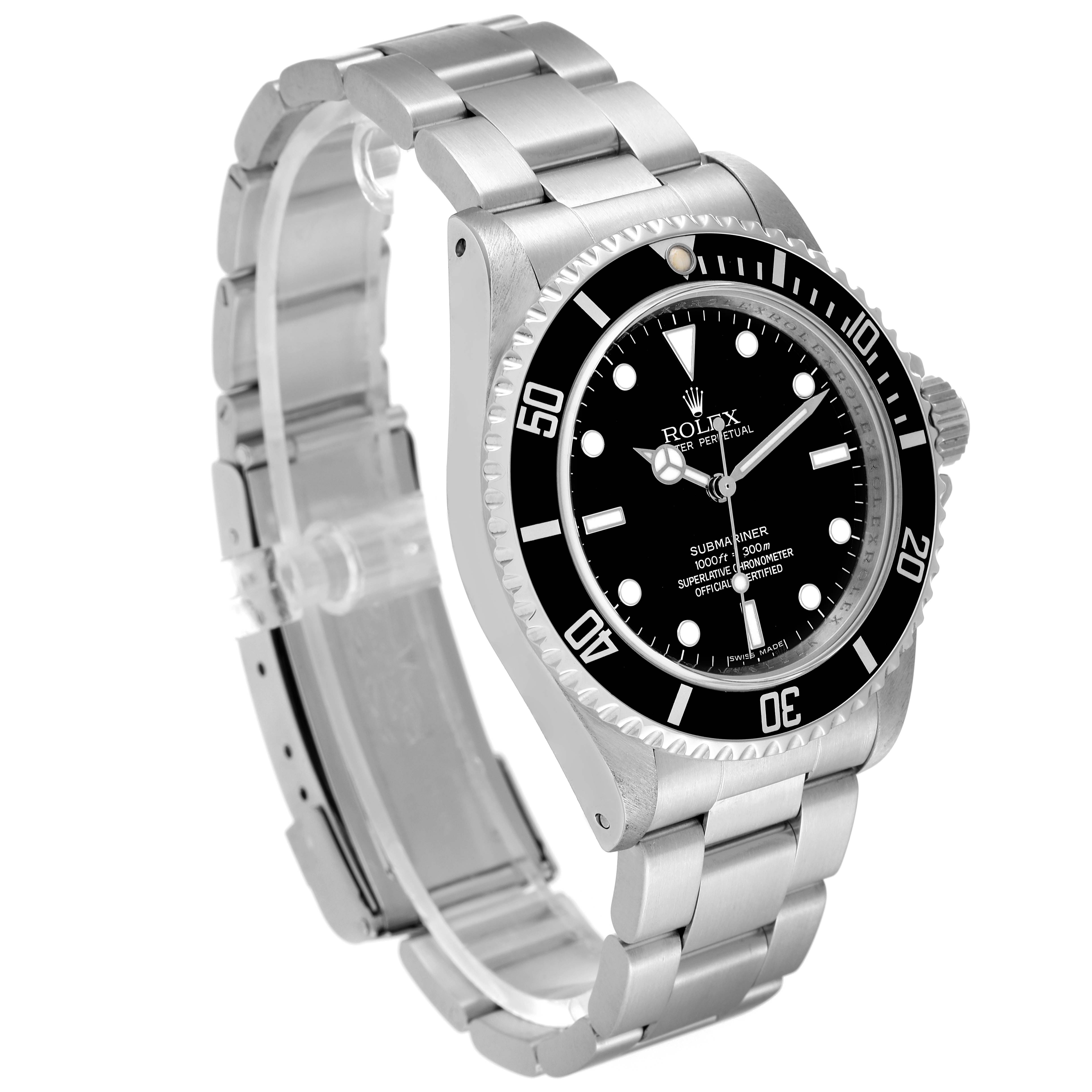 The Rolex Submariner 14060M Men
s Stainless Steel Black Dial 14060M Men
s Stainless Steel Black Dial watch is shown at an angle, displaying the face, bezel, and bracelet.