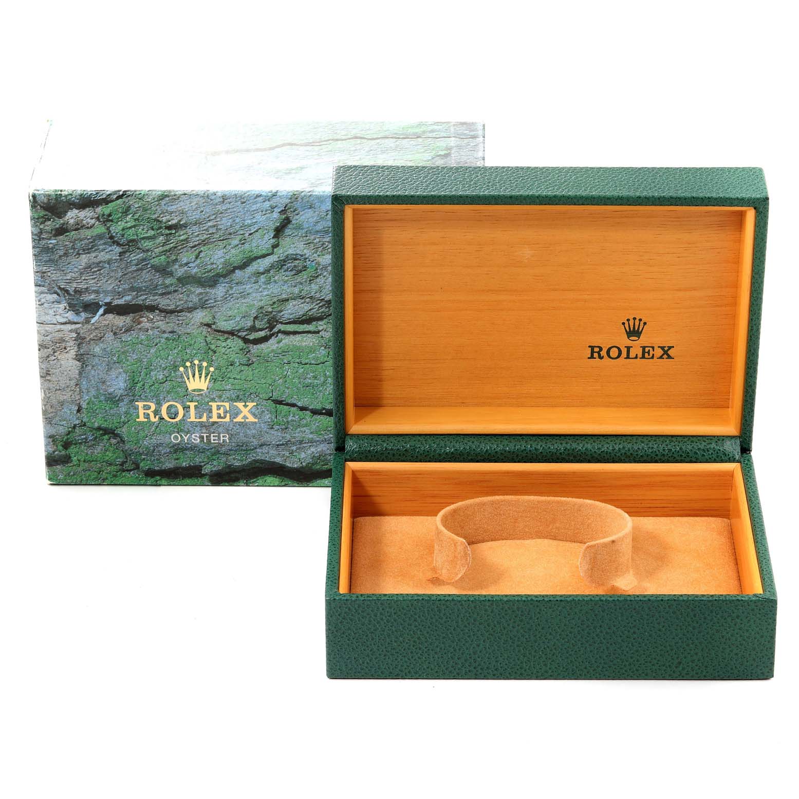 The image shows the open green and wooden box for a Rolex Submariner 16610 Men
s Stainless Steel Black Dial 16610 Men
s Stainless Steel Black Dial, with its packaging in the background.