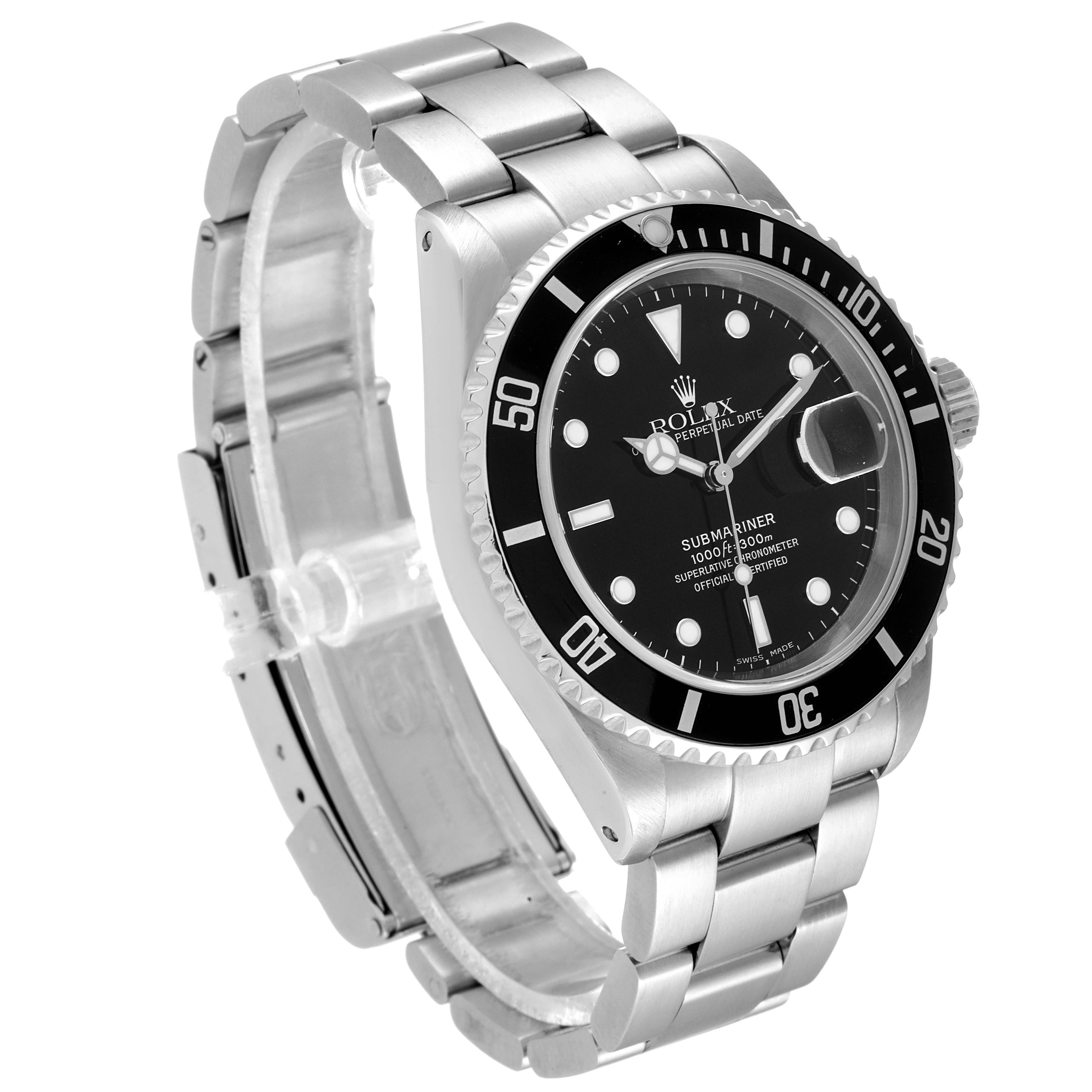 The image shows a Rolex Submariner 16610 Men
s Stainless Steel Black Dial 16610 Men
s Stainless Steel Black Dial watch from a side angle, highlighting its black dial, bezel, and stainless steel bracelet.