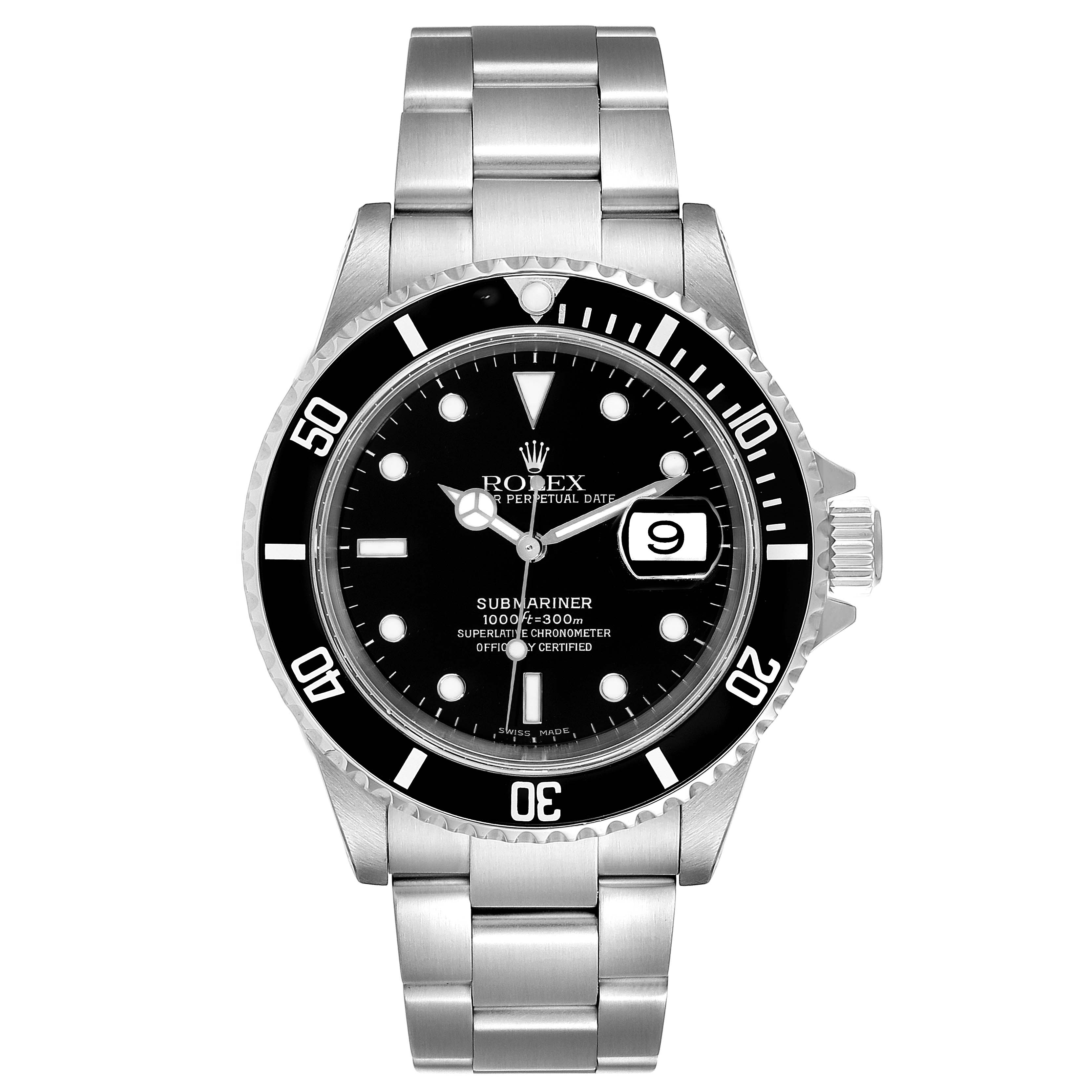 The Rolex Submariner 16610 Men
s Stainless Steel Black Dial 16610 Men
s Stainless Steel Black Dial watch is shown from a top-down view, displaying its face, bezel, crown, and bracelet.