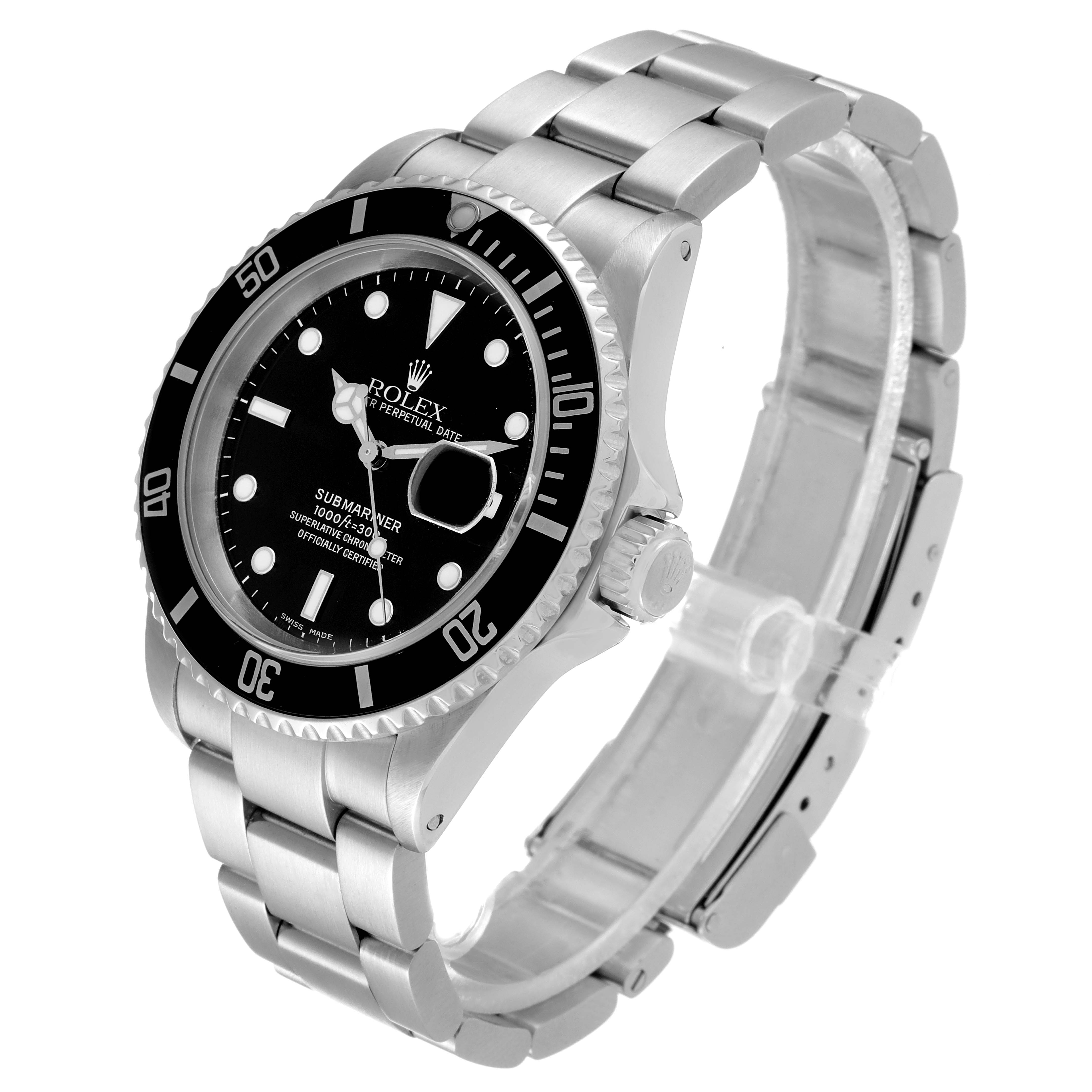 This image shows a Rolex Submariner 16610 Men
s Stainless Steel Black Dial 16610 Men
s Stainless Steel Black Dial watch at a three-quarter angle highlighting its face, bezel, crown, and bracelet.
