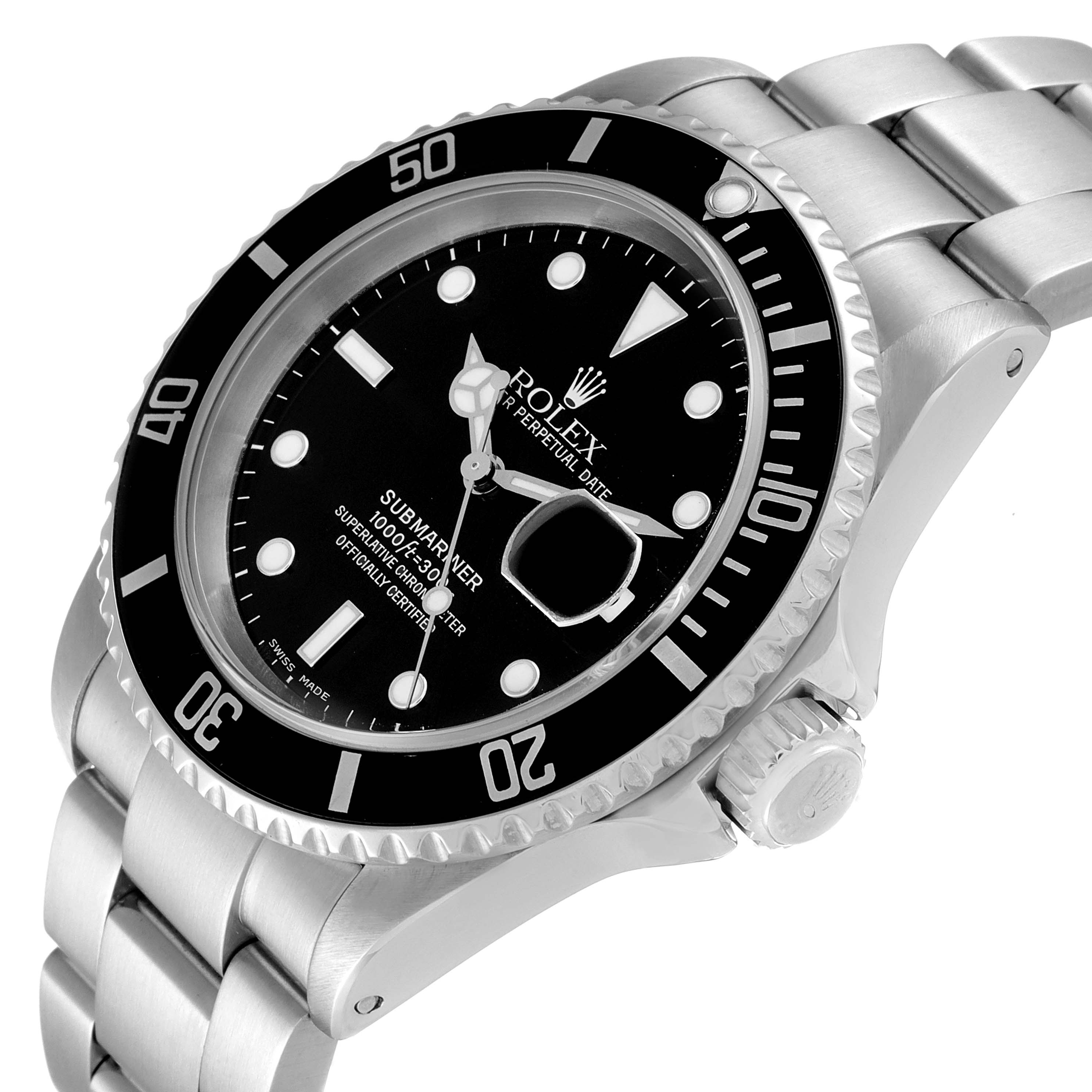 This image shows the Rolex Submariner 16610 Men
s Stainless Steel Black Dial 16610 Men
s Stainless Steel Black Dial watch from a three-quarter angle, highlighting the dial, bezel, crown, and bracelet.