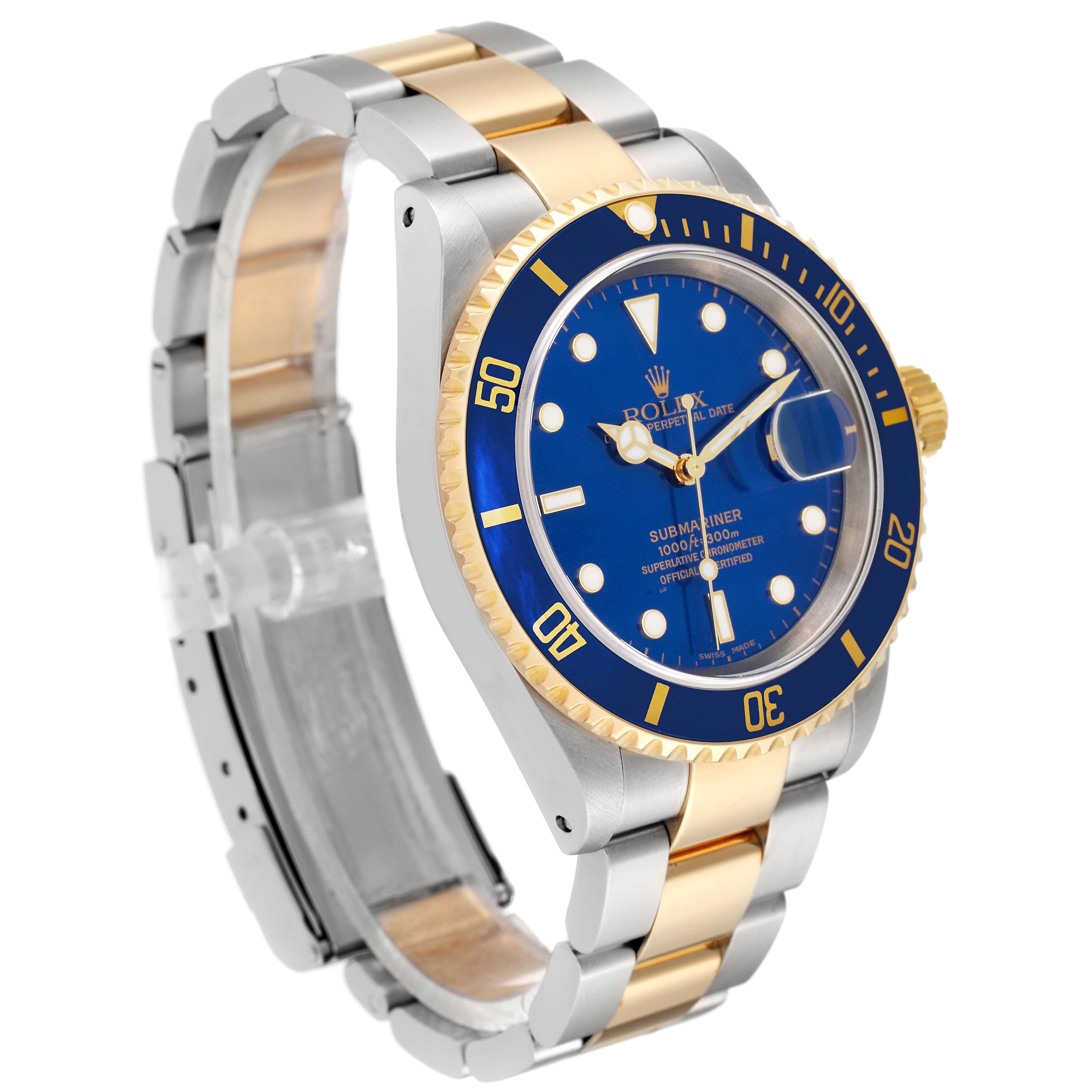 The image shows a side-angle view of a Rolex Submariner 16613 Men's Steel and Gold (two tone) Blue Dial 16613 Men's Steel and Gold (two tone) Blue Dial watch featuring a two-tone stainless steel and gold band with a blue dial and bezel.