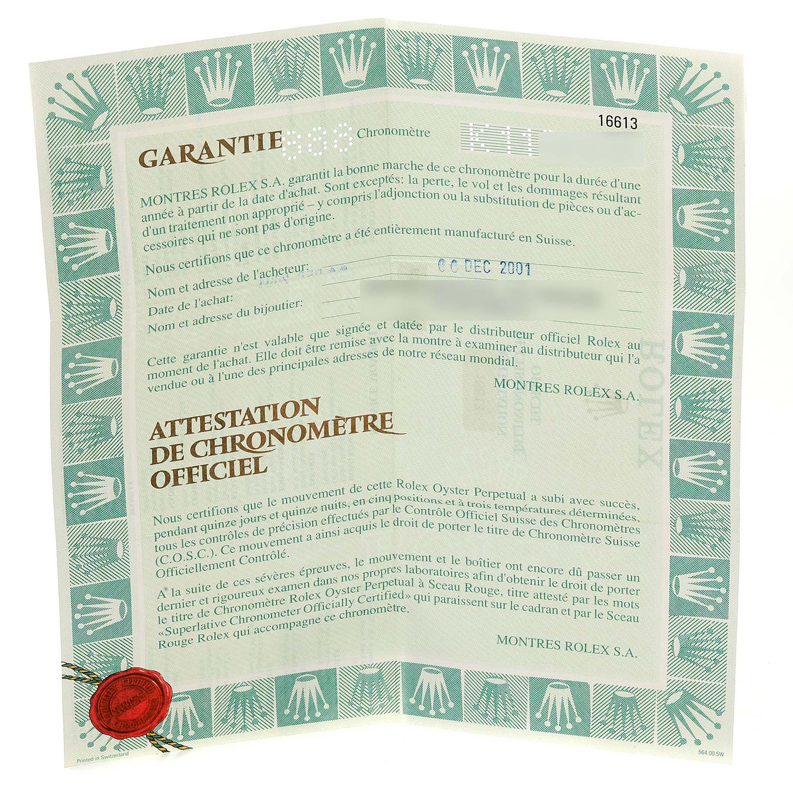 This image shows the warranty certificate for a Rolex Submariner 16613 Men's Steel and Gold (two tone) Blue Dial 16613 Men's Steel and Gold (two tone) Blue Dial watch, highlighted with green and gold details.