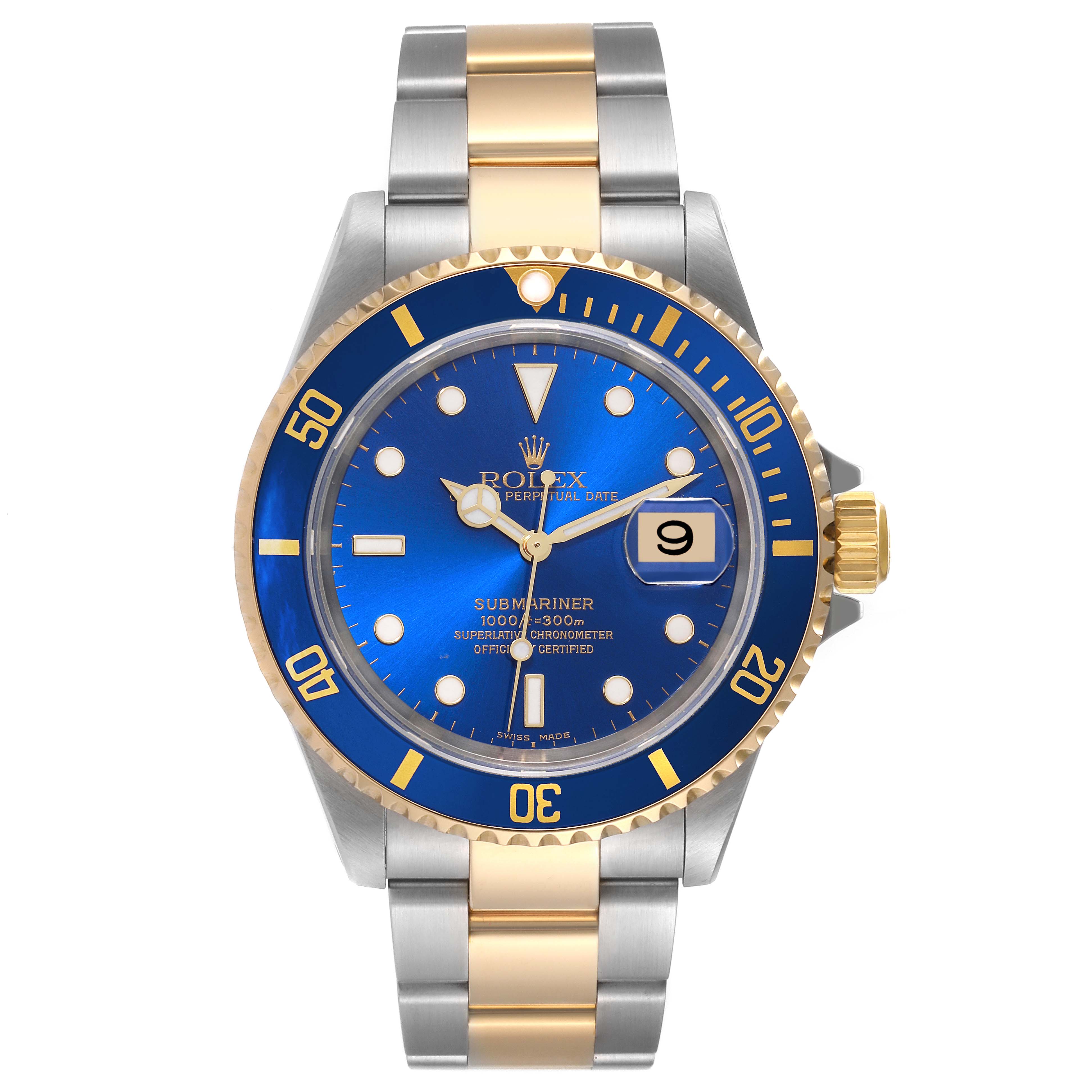 The image shows a front view of a Rolex Submariner 16613 Men's Steel and Gold (two tone) Blue Dial 16613 Men's Steel and Gold (two tone) Blue Dial watch with a gold and silver bracelet, blue dial, and date display.