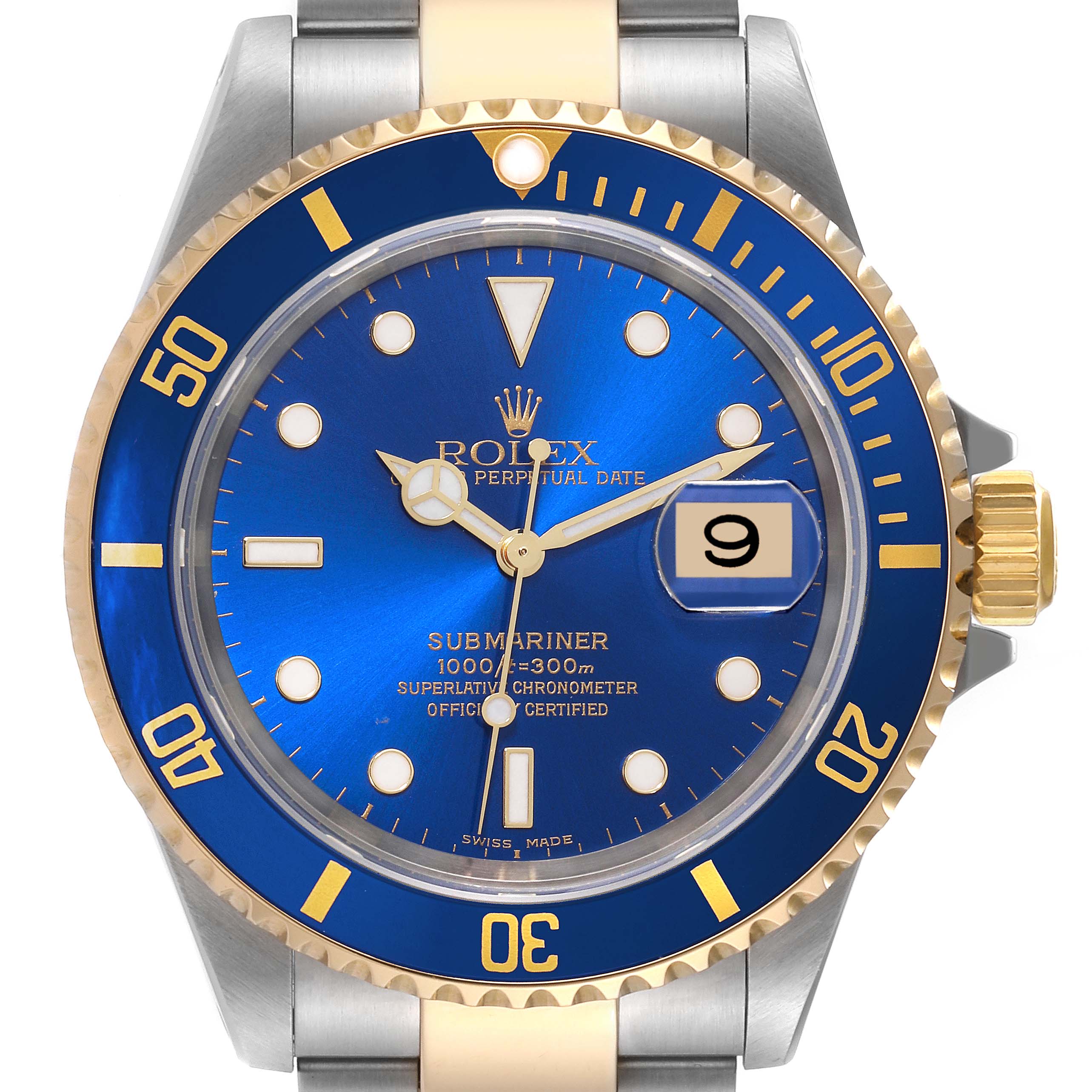 The image shows a front view of the Rolex Submariner 16613 Men's Steel and Gold (two tone) Blue Dial 16613 Men's Steel and Gold (two tone) Blue Dial watch with a blue dial, yellow gold and steel case, and date window.