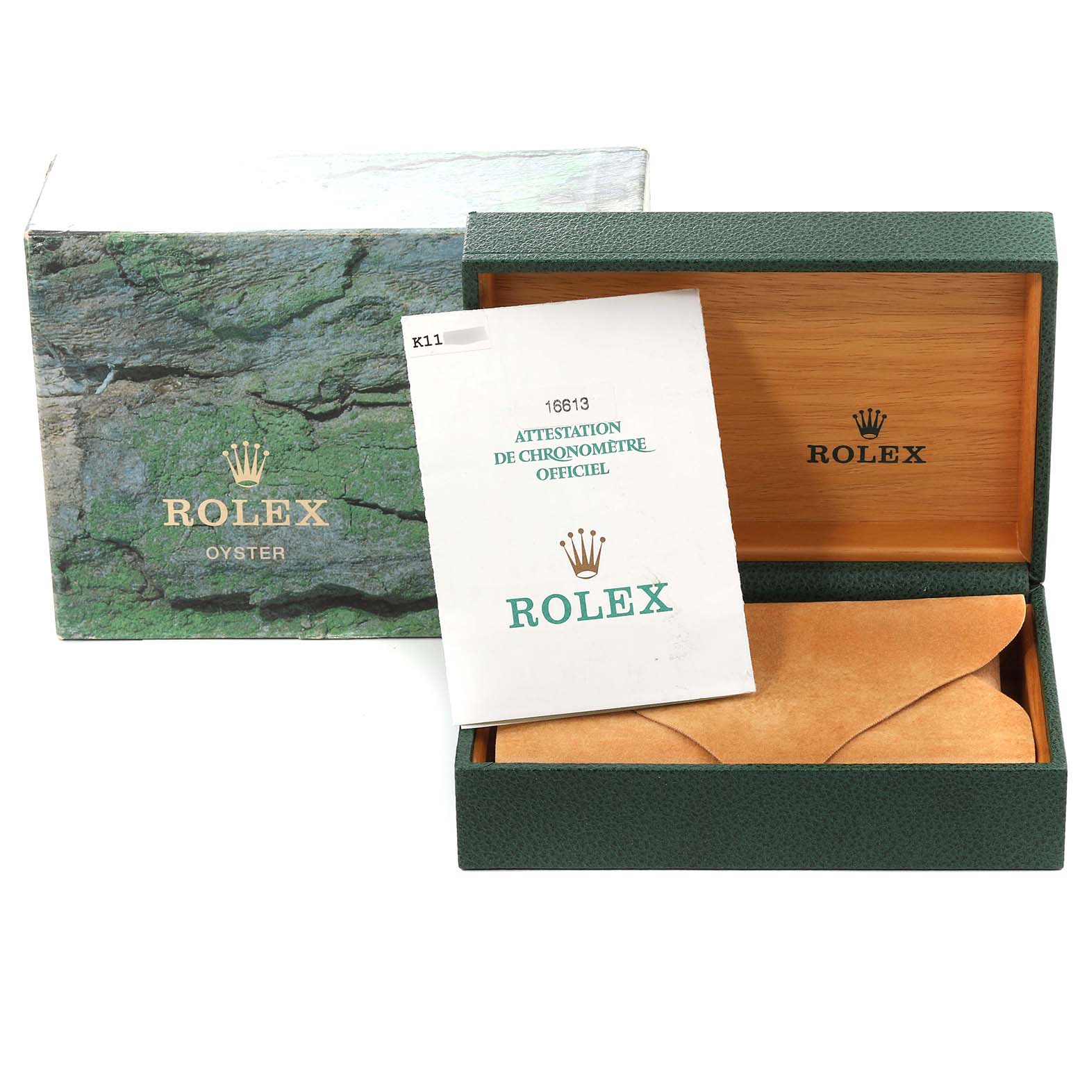 This image shows the packaging and certification papers for a Rolex Submariner 16613 Men's Steel and Gold (two tone) Blue Dial 16613 Men's Steel and Gold (two tone) Blue Dial watch, including the box and warranty booklet.