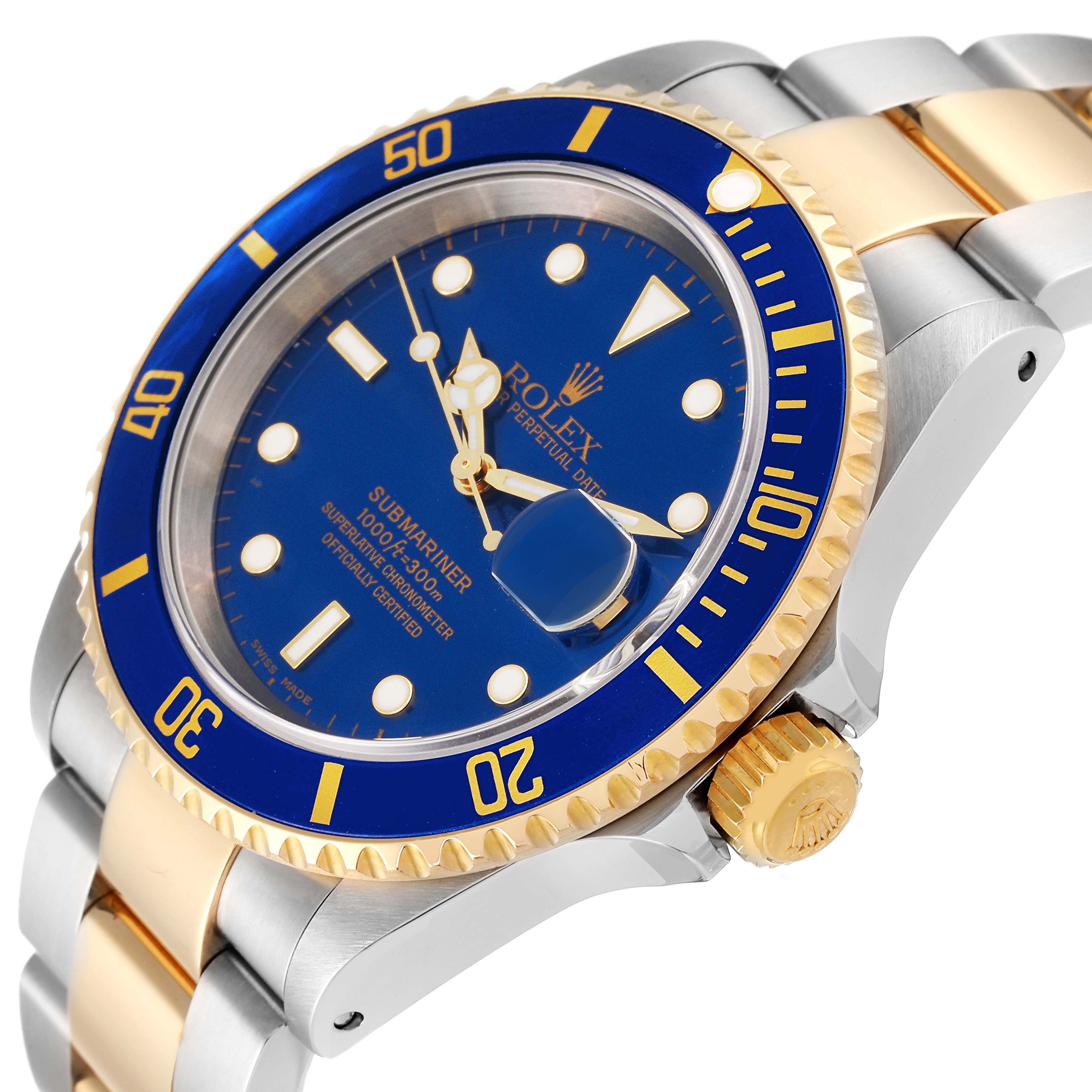 This image shows a side angle of the Rolex Submariner 16613 Men's Steel and Gold (two tone) Blue Dial 16613 Men's Steel and Gold (two tone) Blue Dial watch, highlighting its bezel, crown, and bracelet.