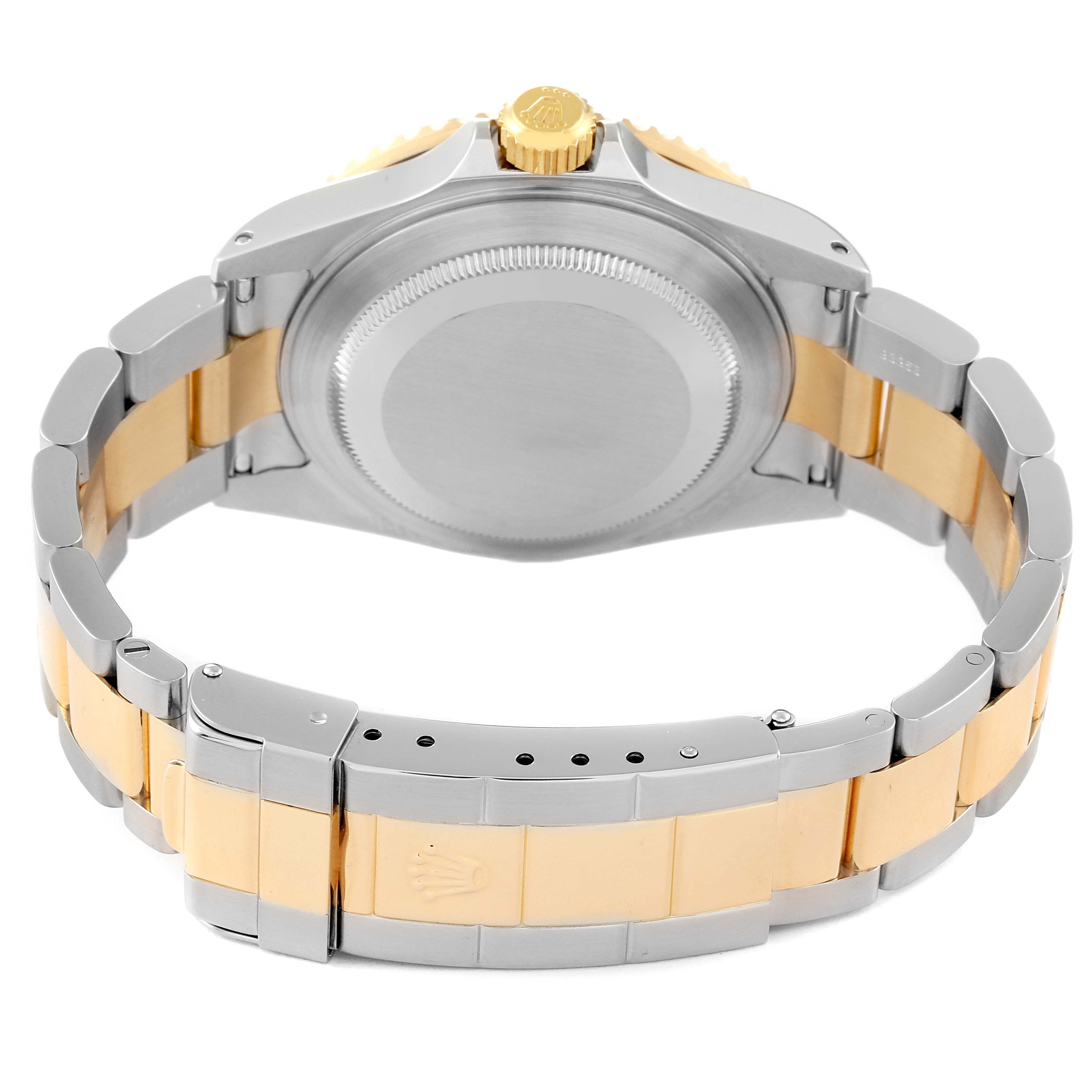 This image shows the back case and bracelet clasp of a Rolex Submariner 16613 Men's Steel and Gold (two tone) Blue Dial 16613 Men's Steel and Gold (two tone) Blue Dial watch, viewed from behind.